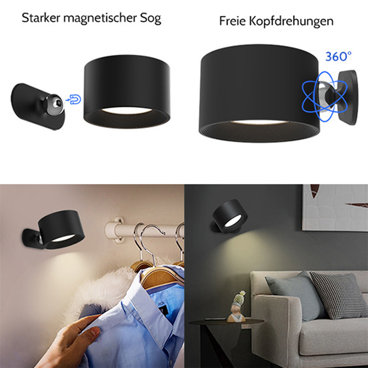 Schwarze zylindrische Wandleuchte mit drehbarem Kopf. Die Lampe wird in verschiedenen Umgebungen gezeigt.