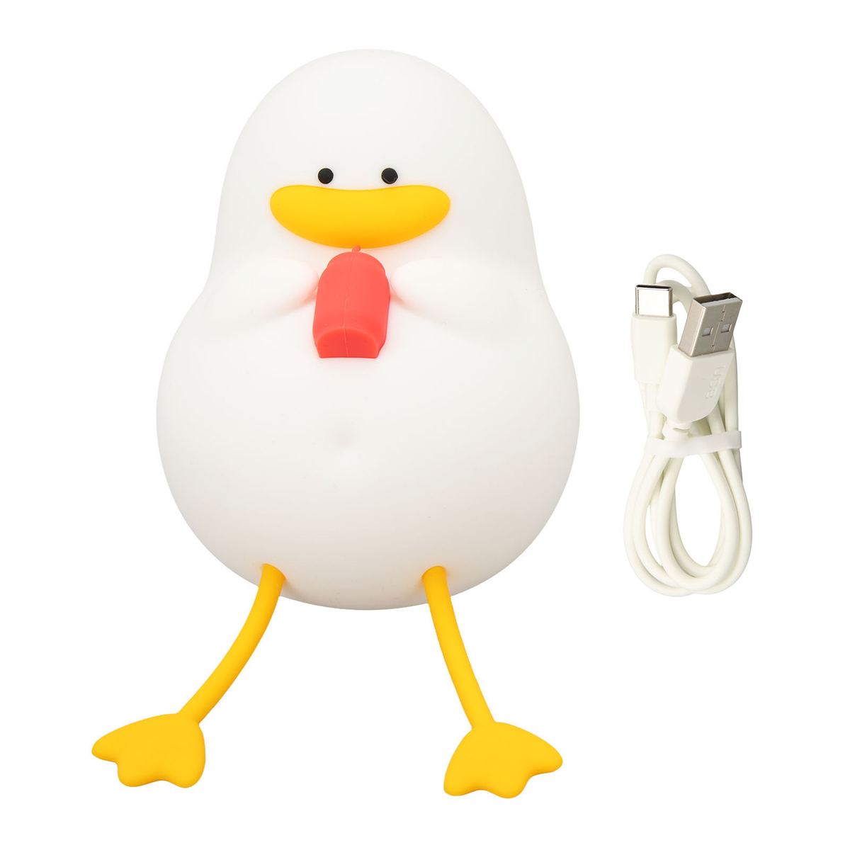 Ein weißes Enten-Nachtlicht mit rotem Schnabel. Ein weißes USB-Kabel liegt daneben.