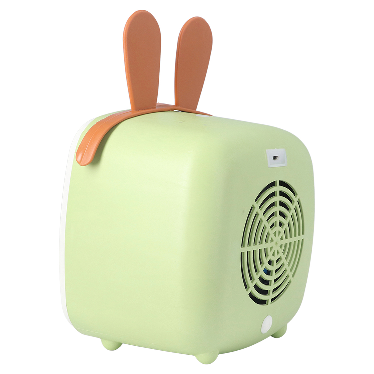 Ein grüner, hasenförmiger Luftbefeuchter mit orangefarbenen Ohren. Ein Ventilator ist hinten zu sehen.