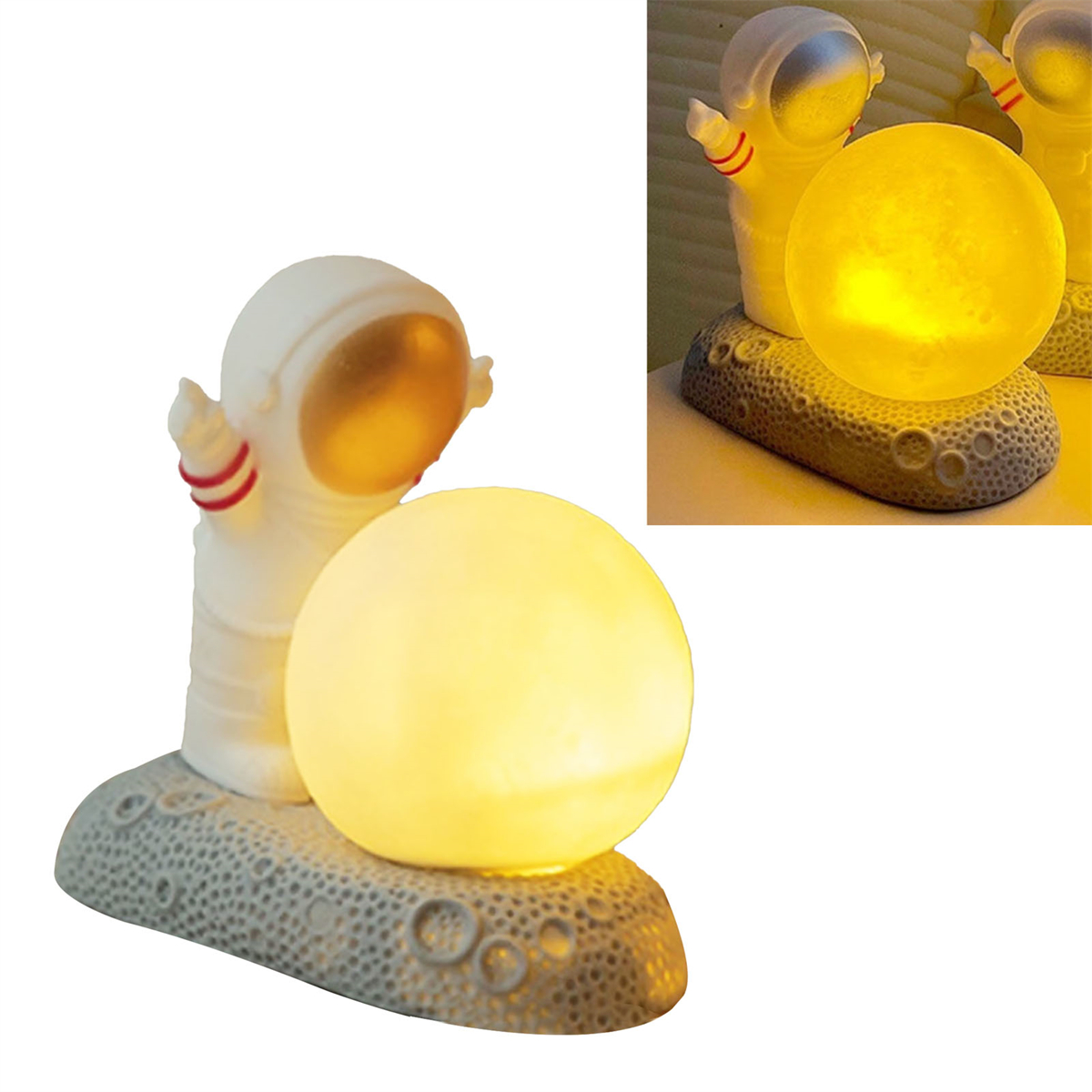 Eine weiße Astronautenlampe mit gelbem Mond. Ein weiteres Bild zeigt die beleuchtete Lampe. Auf grauem Sockel.