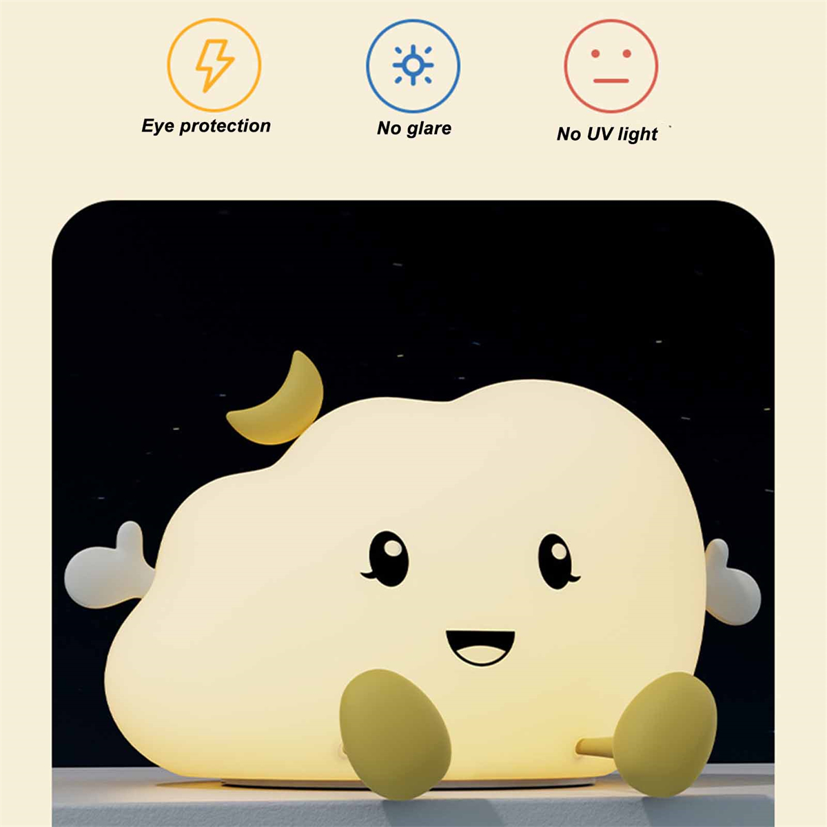 Eine Cartoon-Wolken-Nachtleuchte mit drei Symbolen: Augenschutz, blendfrei, kein UV-Licht. Dunkler Hintergrund.