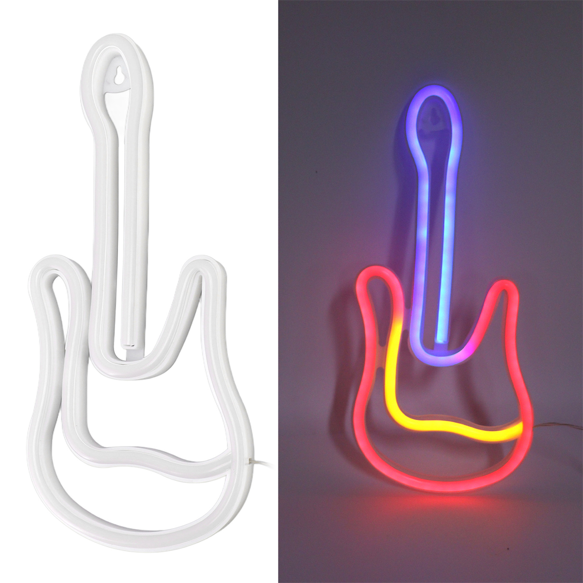 Eine Neon-Gitarrenleuchte in zwei Zuständen: weißer Umriss und mehrfarbiges Leuchten. Der weiße ist links.