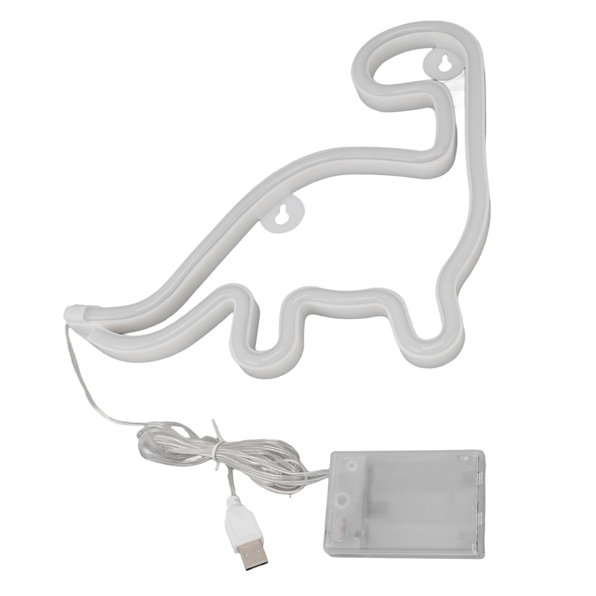 Weißes Dinosaurier-Neon-Schild mit USB-Kabel und Batteriekasten auf weißem Hintergrund.