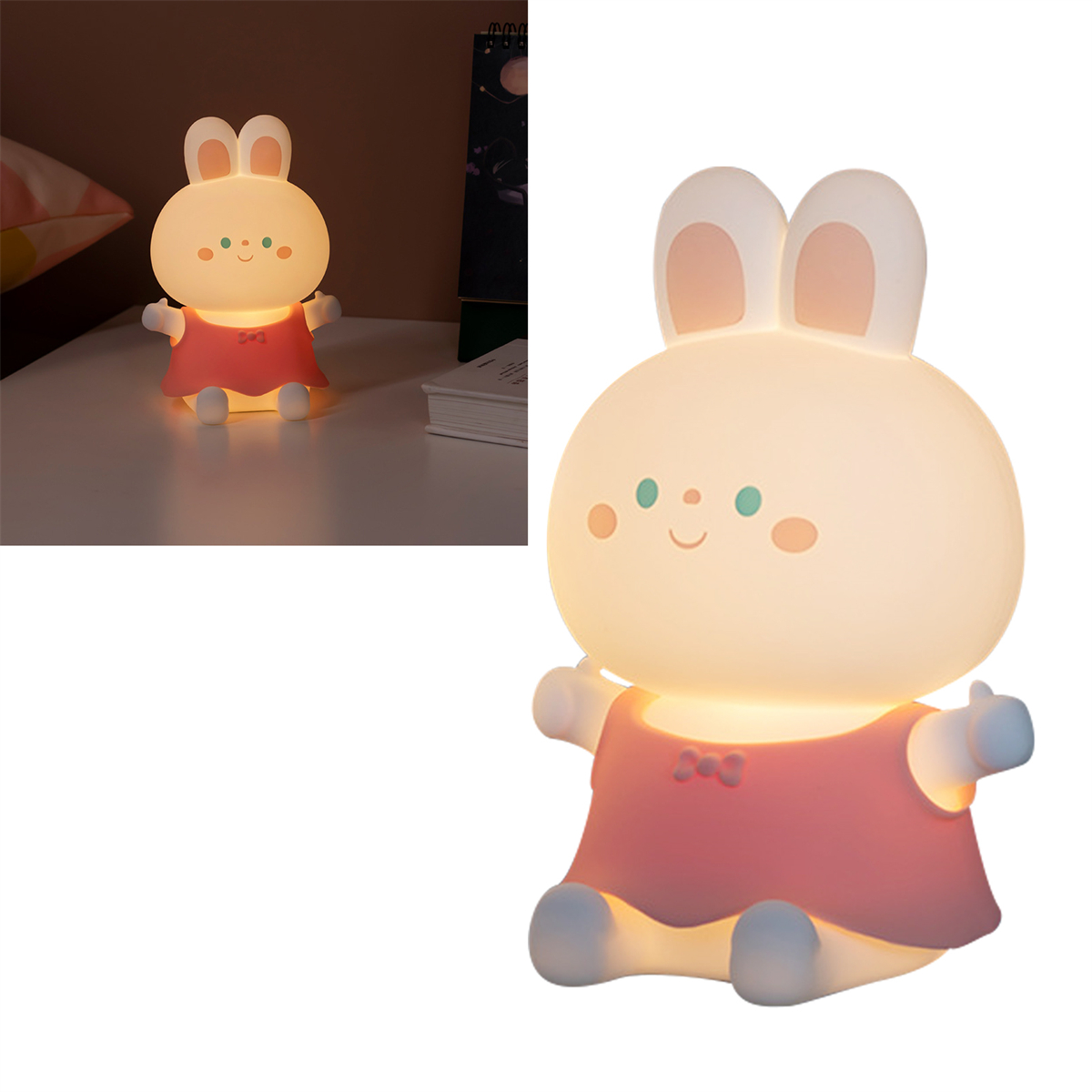 Eine Cartoon-Hasenlampe in einem rosa Kleid, leuchtend.