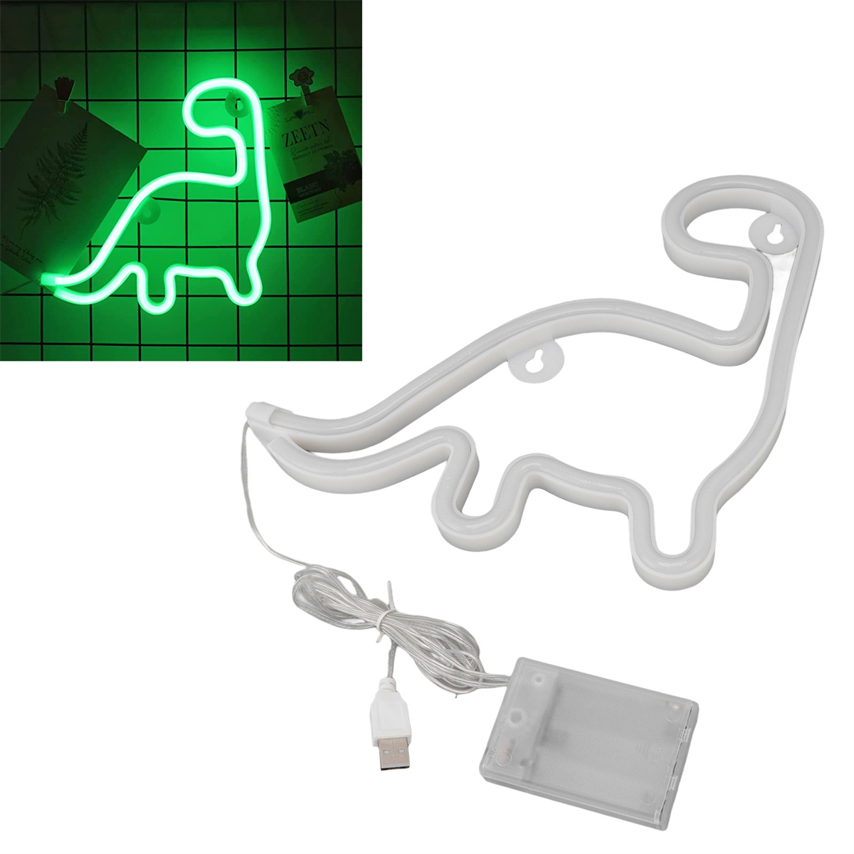 Neon Dinosaurier-Licht, grünes Leuchten. USB-Kabel und Steuerbox. Hintergrund: grünes Gitter.