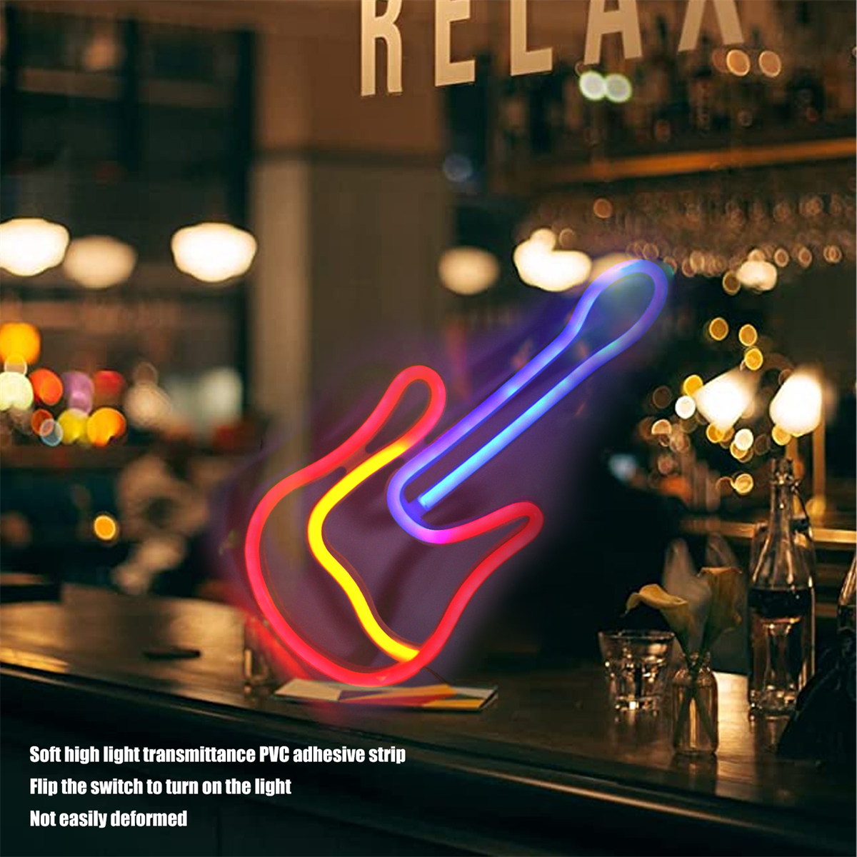 Neon-Lichtschild in Gitarrenform. Roter und gelber Hals, blauer Korpus, in einer Bar-Umgebung.