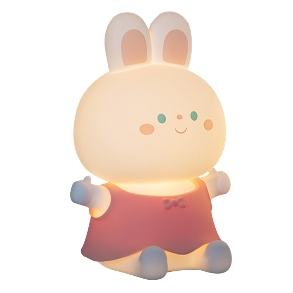 Eine leuchtende Cartoon-Hasenlampe. Sie hat ein rosa Kleid und einen fröhlichen Ausdruck. Der Hintergrund ist weiß.