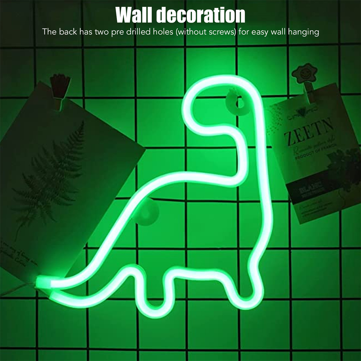 Neon-Dinosaurier-Wanddekoration auf grünem Hintergrund. Text im Hintergrund.
