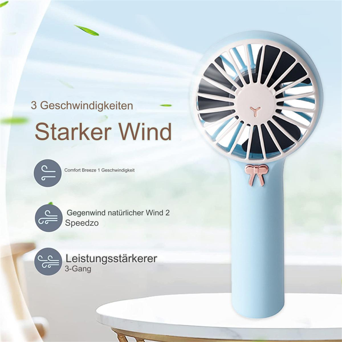 Blauer Handventilator mit Text: Starker Wind. Grüne Blätter schweben in der Luft.