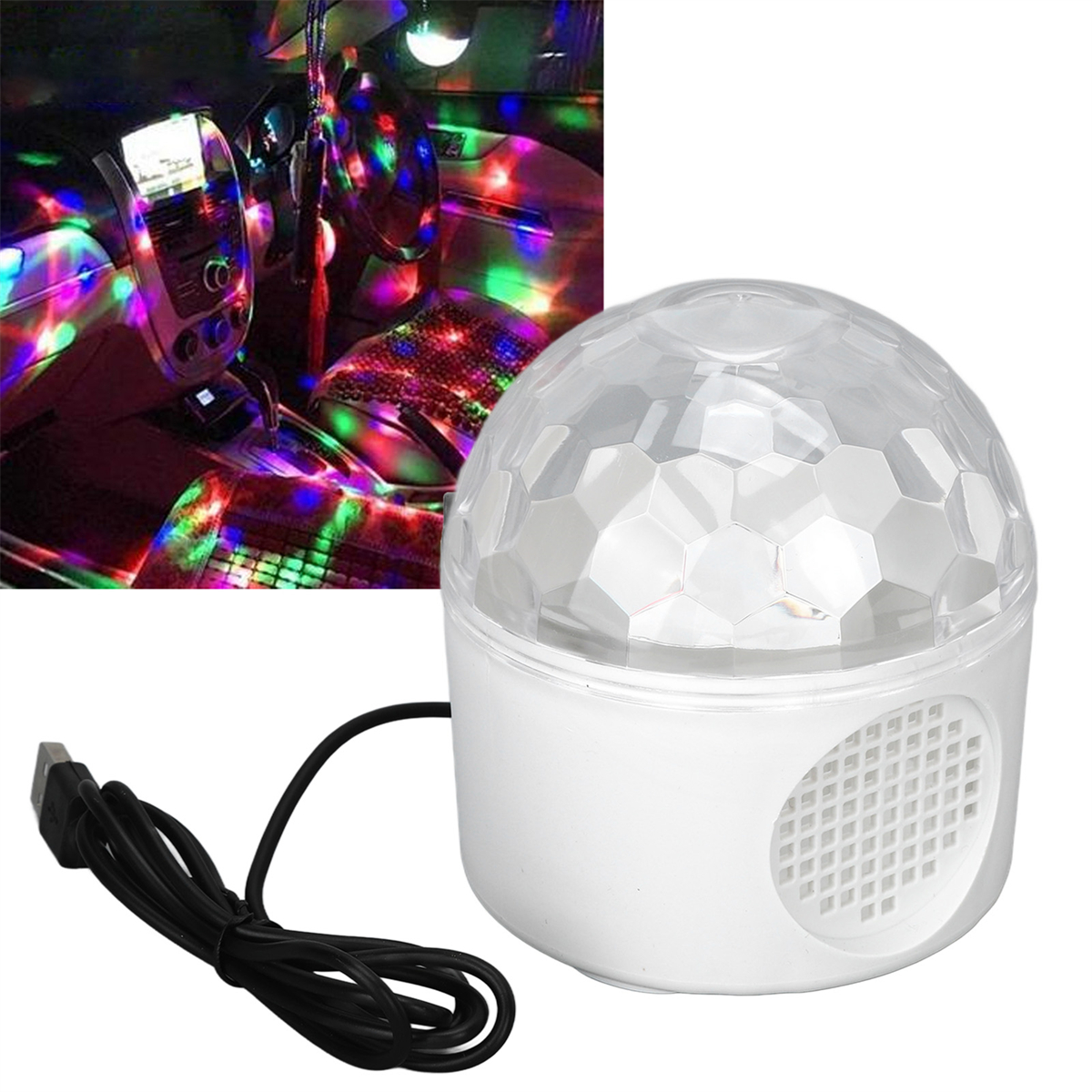 Eine weiße Diskokugel mit weißer Basis und einem schwarzen USB-Kabel. Bunte Lichter werden in einen Autoinnenraum projiziert.