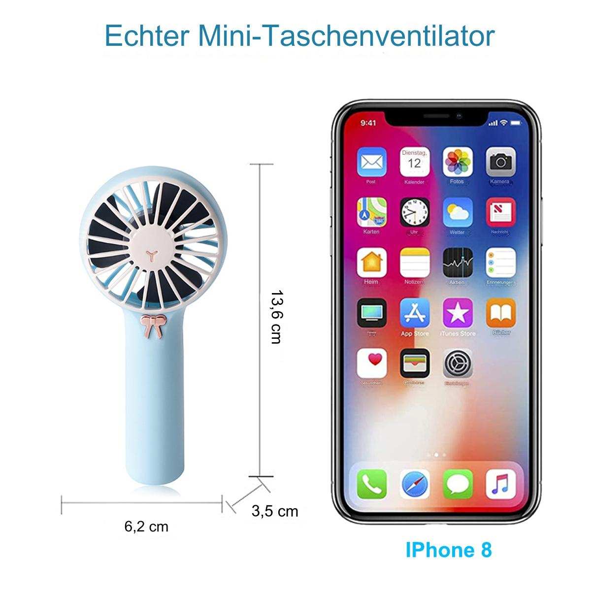 Ein hellblauer Mini-Ventilator mit Abmessungen neben einem Smartphone mit Uhrzeit.