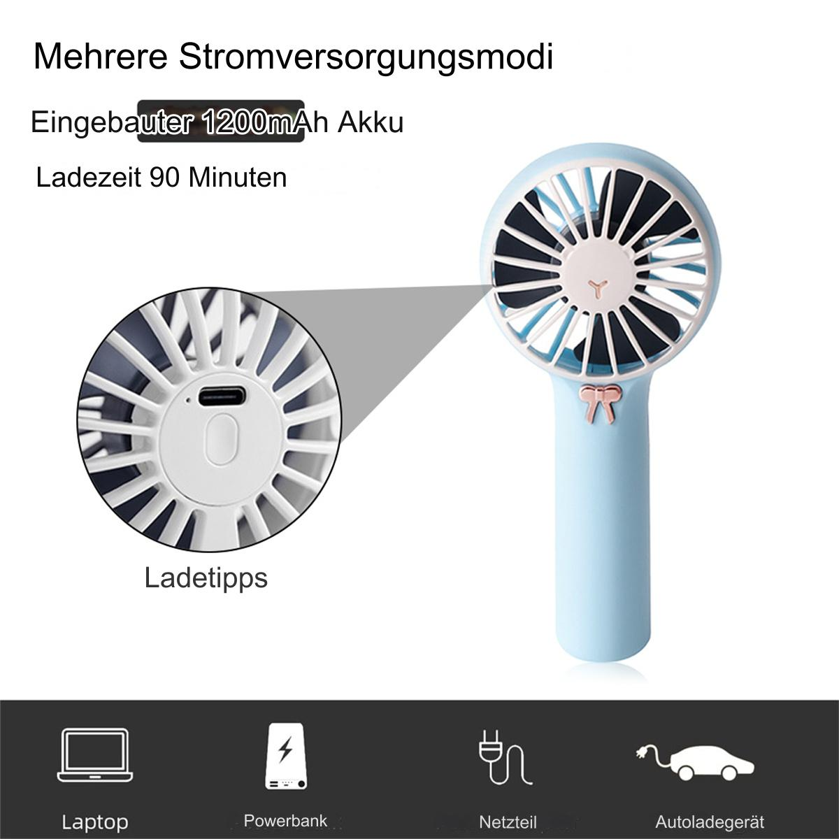 Blauer Handventilator mit weißen Flügeln und Ladeanschluss. Text auf Deutsch.