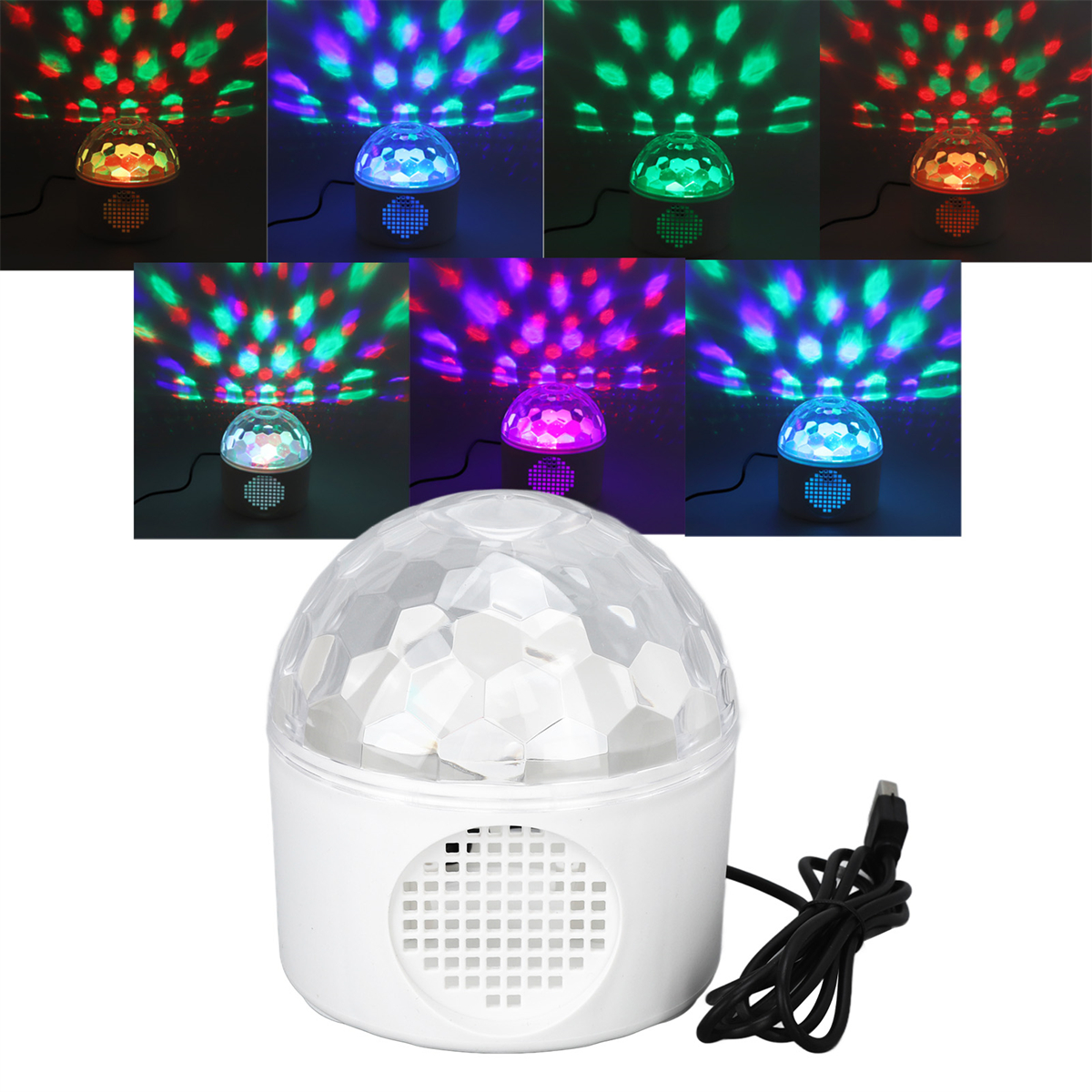 Eine weiße Discokugel mit farbenfrohen Lichtprojektionen, mit mehreren Lichtmustern.