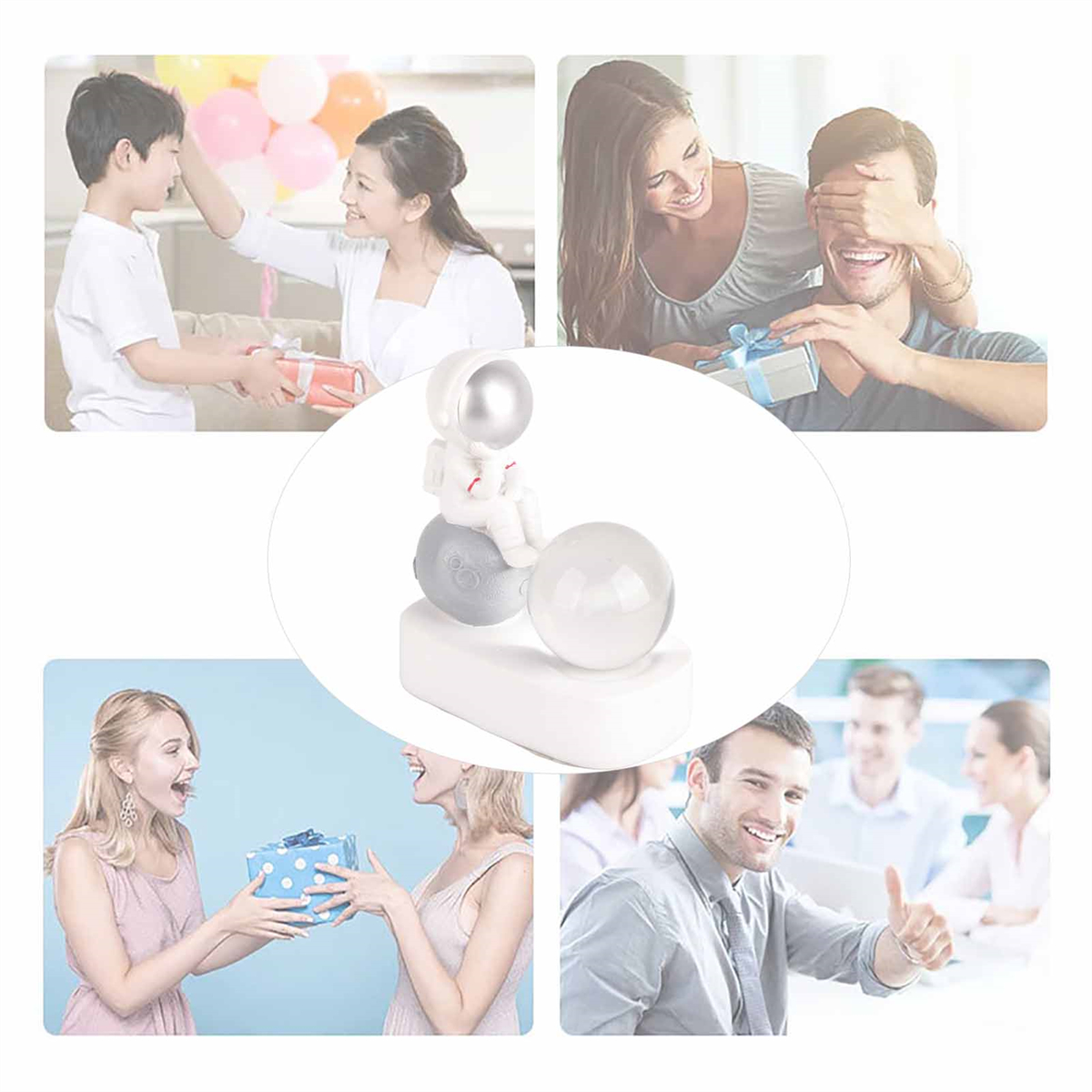 Collage von Menschen mit Geschenken und Astronaut auf Mondmodell.