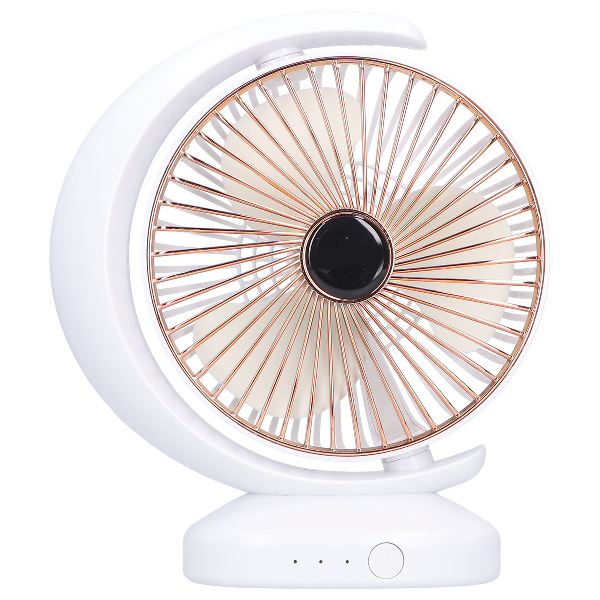 Ein weißer und goldener tragbarer Ventilator. Er hat ein kreisförmiges Design mit Lüfterkäfig und Basis.