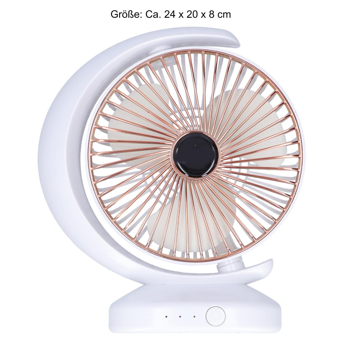 Weißer und roségoldener Schreibtischventilator. Es hat ein kreisförmiges Design und einen Knopf.