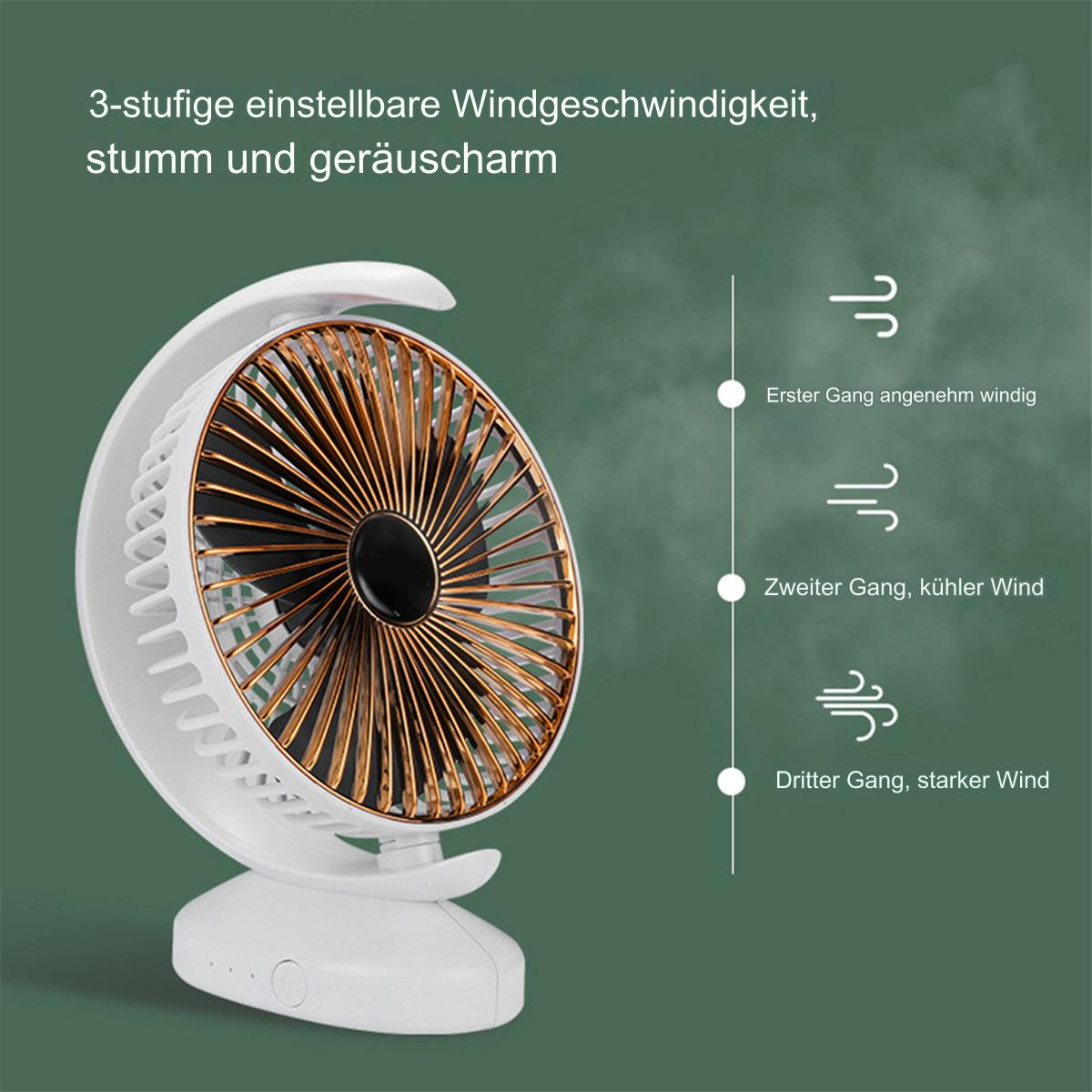 Ein weißer und goldener Ventilator mit drei Windeinstellungen. Der Ventilator hat ein kreisförmiges Design und einen weißen Sockel.
