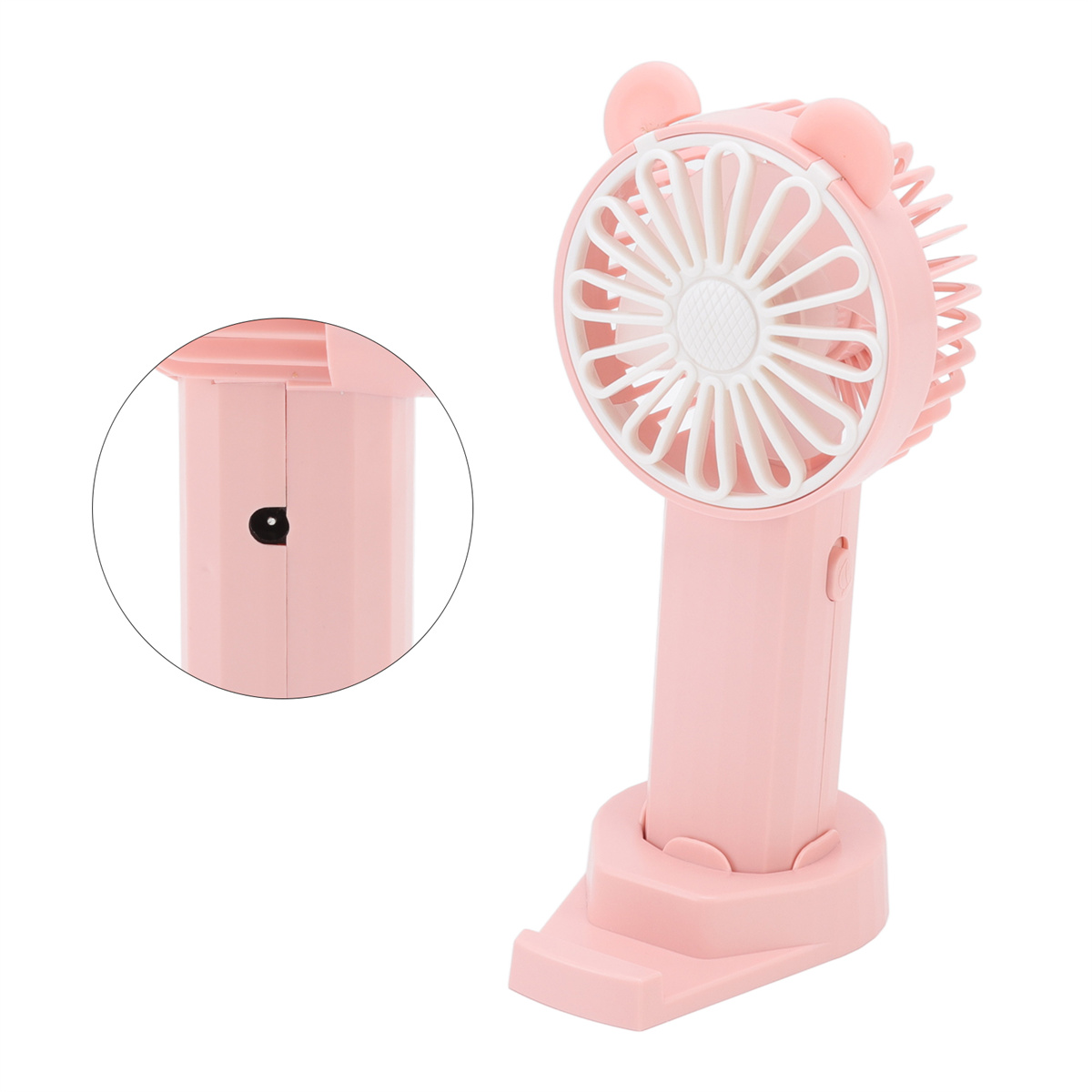 Ein rosa Ventilator mit Bärenohren. Eine Nahaufnahme zeigt einen Schalter und die Seitenansicht.