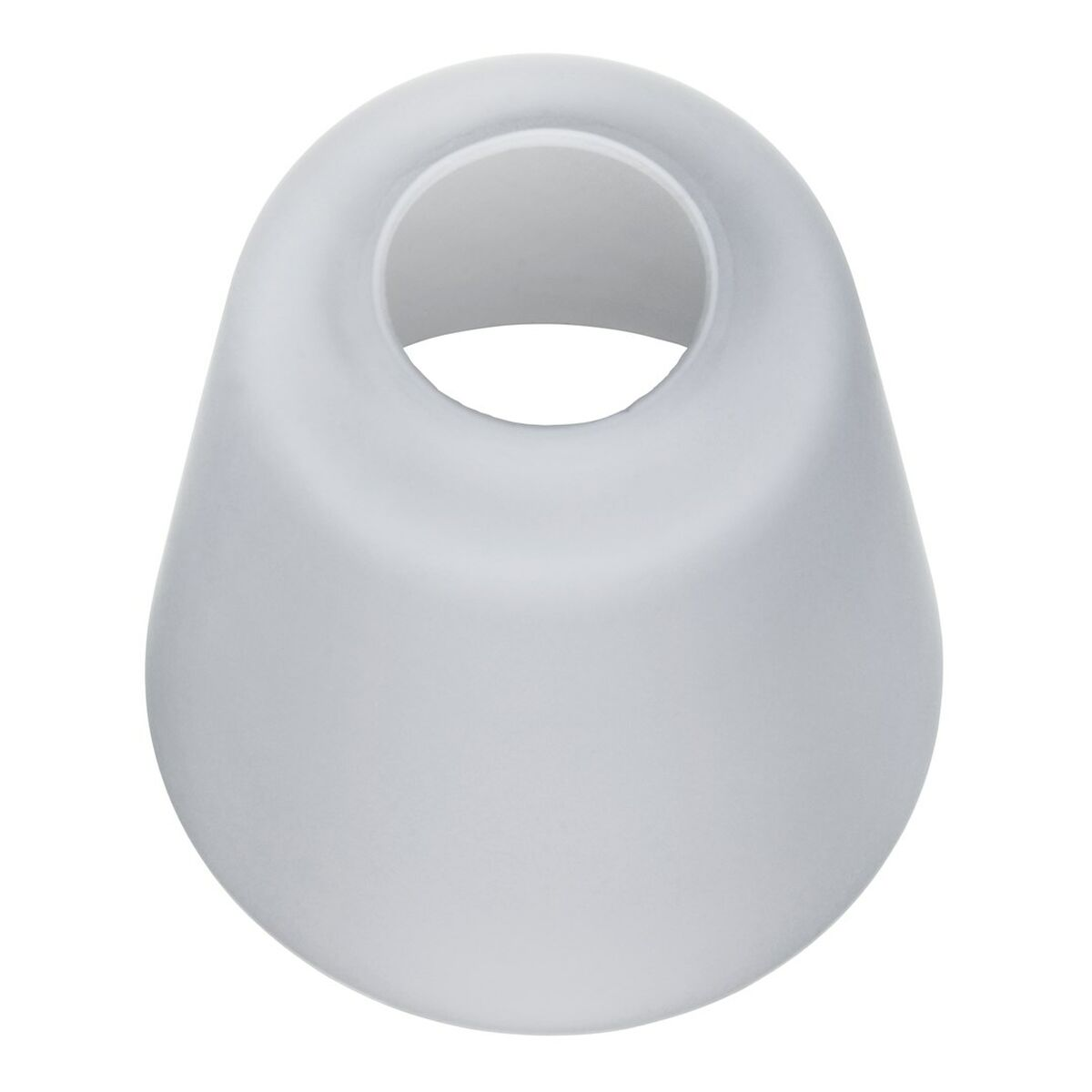 Oggetto bianco a forma ovale con un foro al centro, su sfondo bianco.