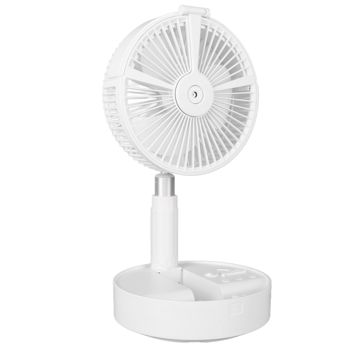 Weißer tragbarer Ventilator mit rundem Sockel und Lüfterflügeln. Verstellbarer Hals.