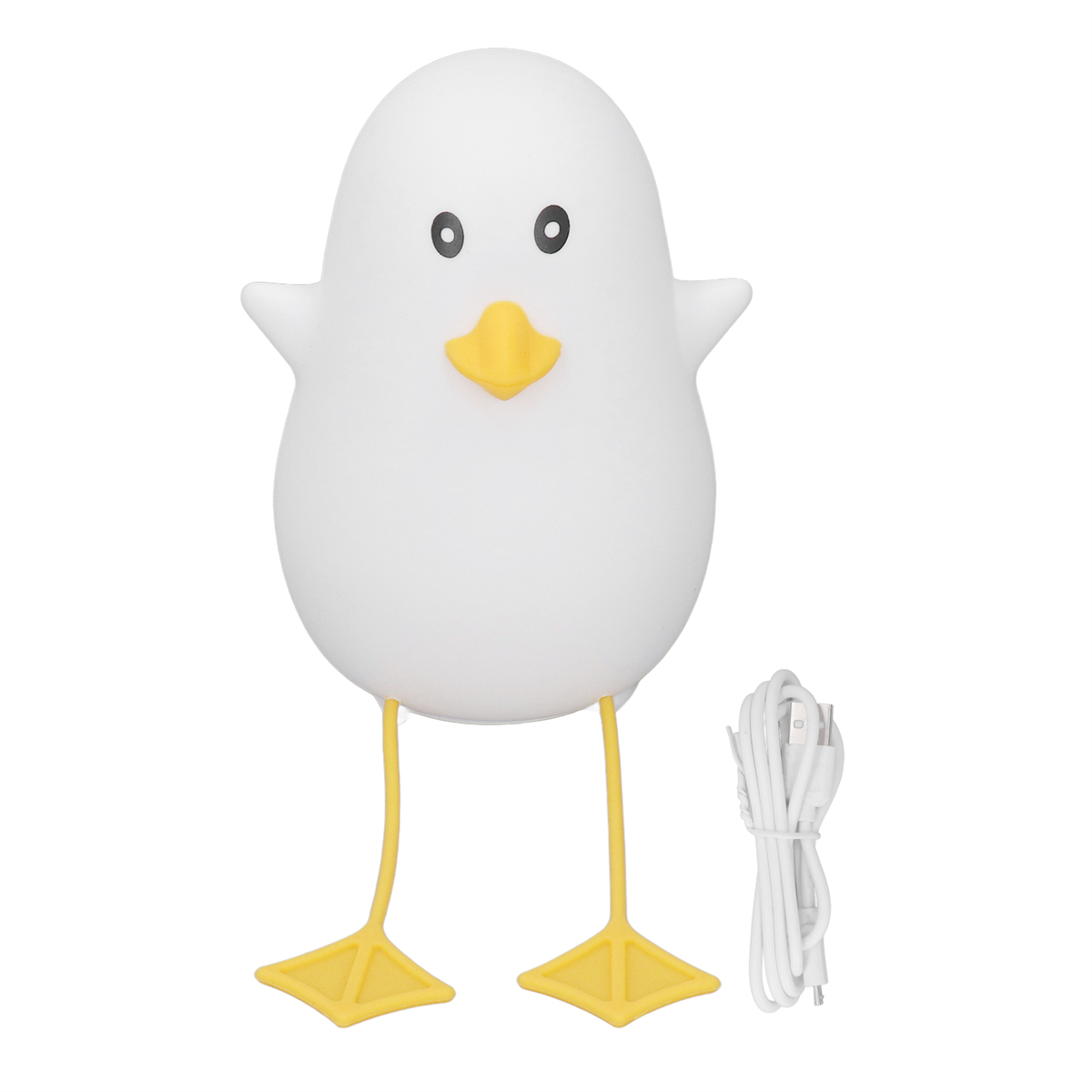 Weiße, kükenförmige Lampe mit gelben Füßen und Schnabel, daneben ein USB-Kabel, auf weißem Hintergrund.