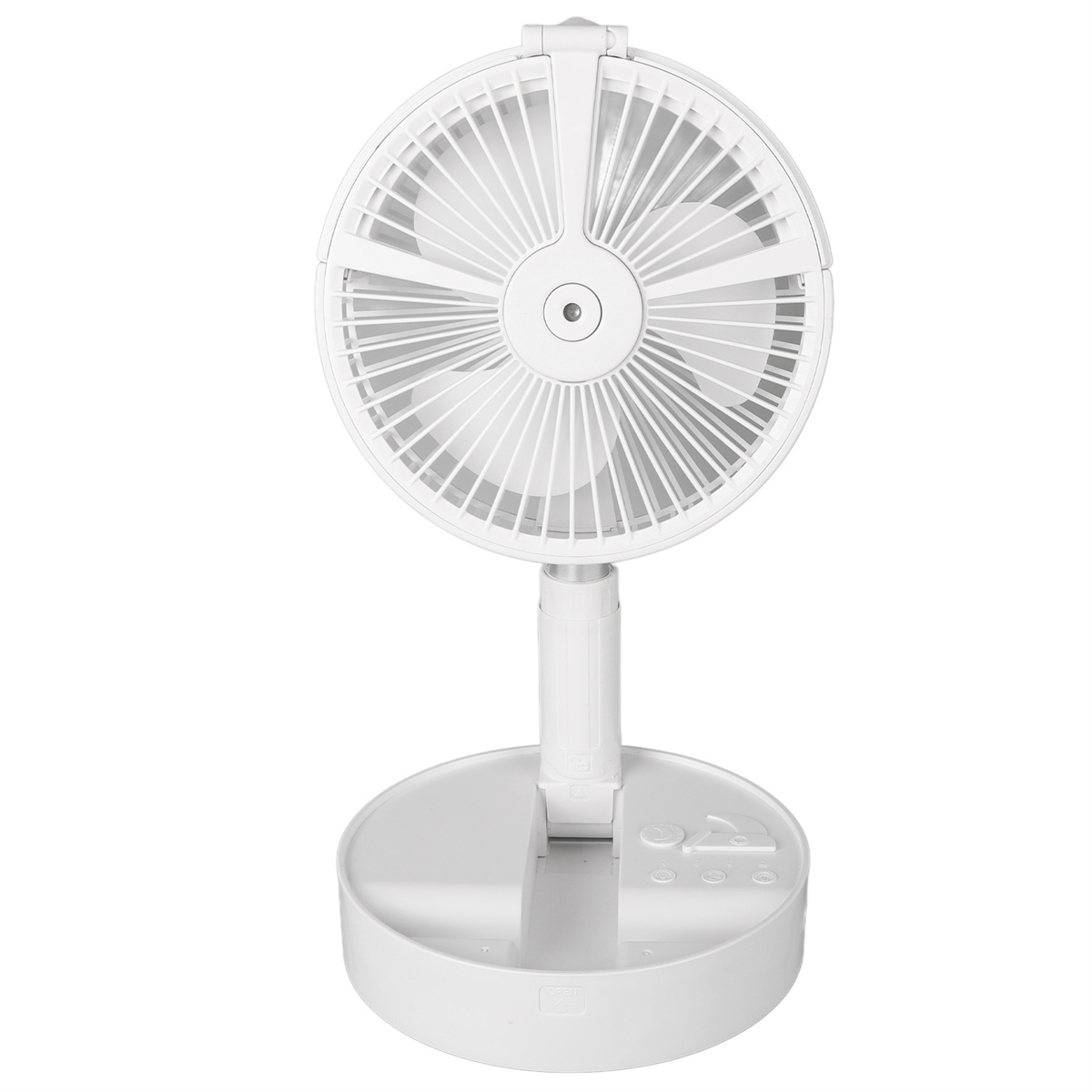 Weißer, zusammenklappbarer Ventilator mit rundem Ventilatorkopf und Sockel.