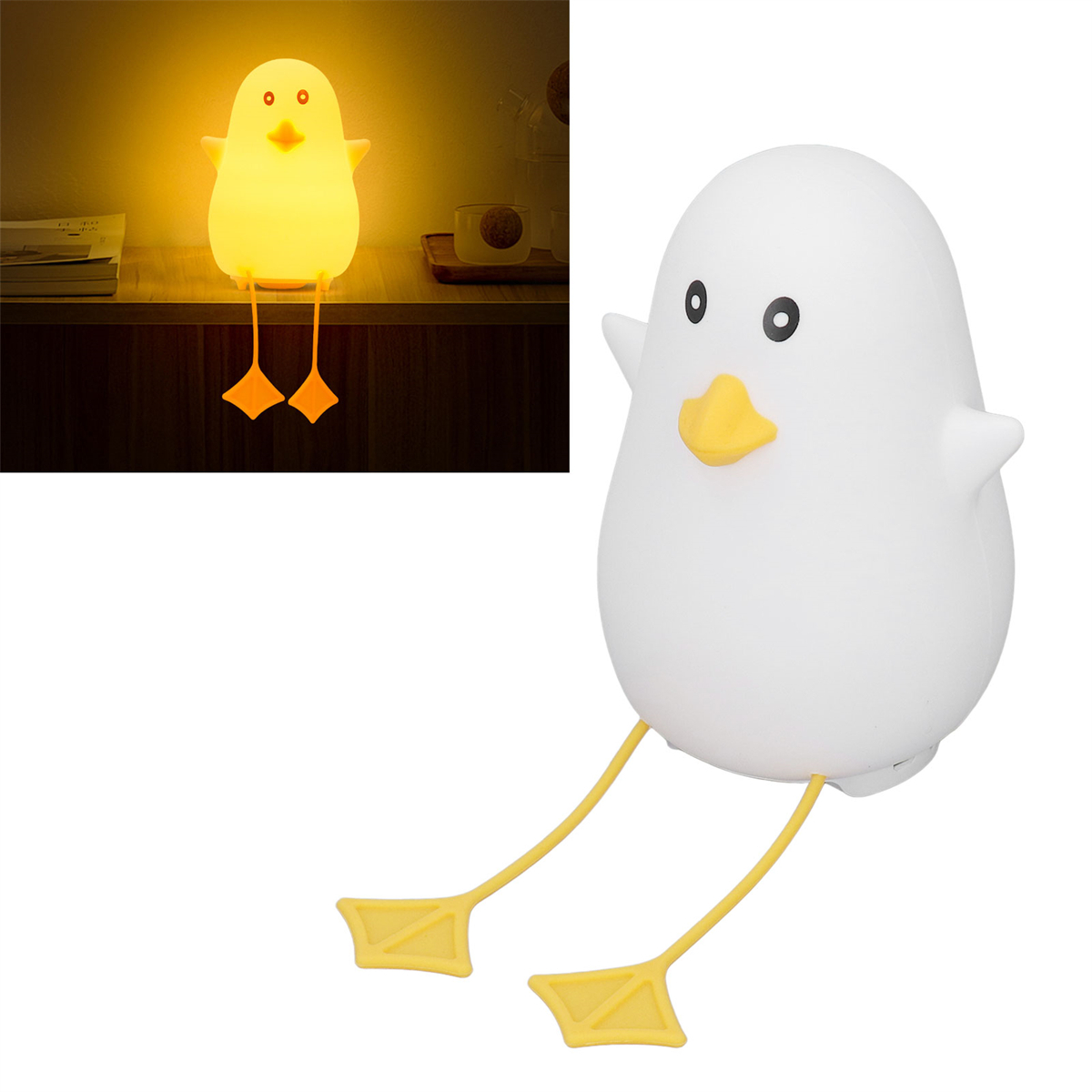 Ein weißes Enten-Nachtlicht mit gelben Füßen und Schnabel, mit einer beleuchteten Version links.