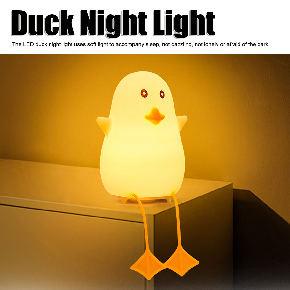 Gelbe Enten-Nachtlampe auf weißer Oberfläche mit dem Text 'Duck Night Light' darüber.