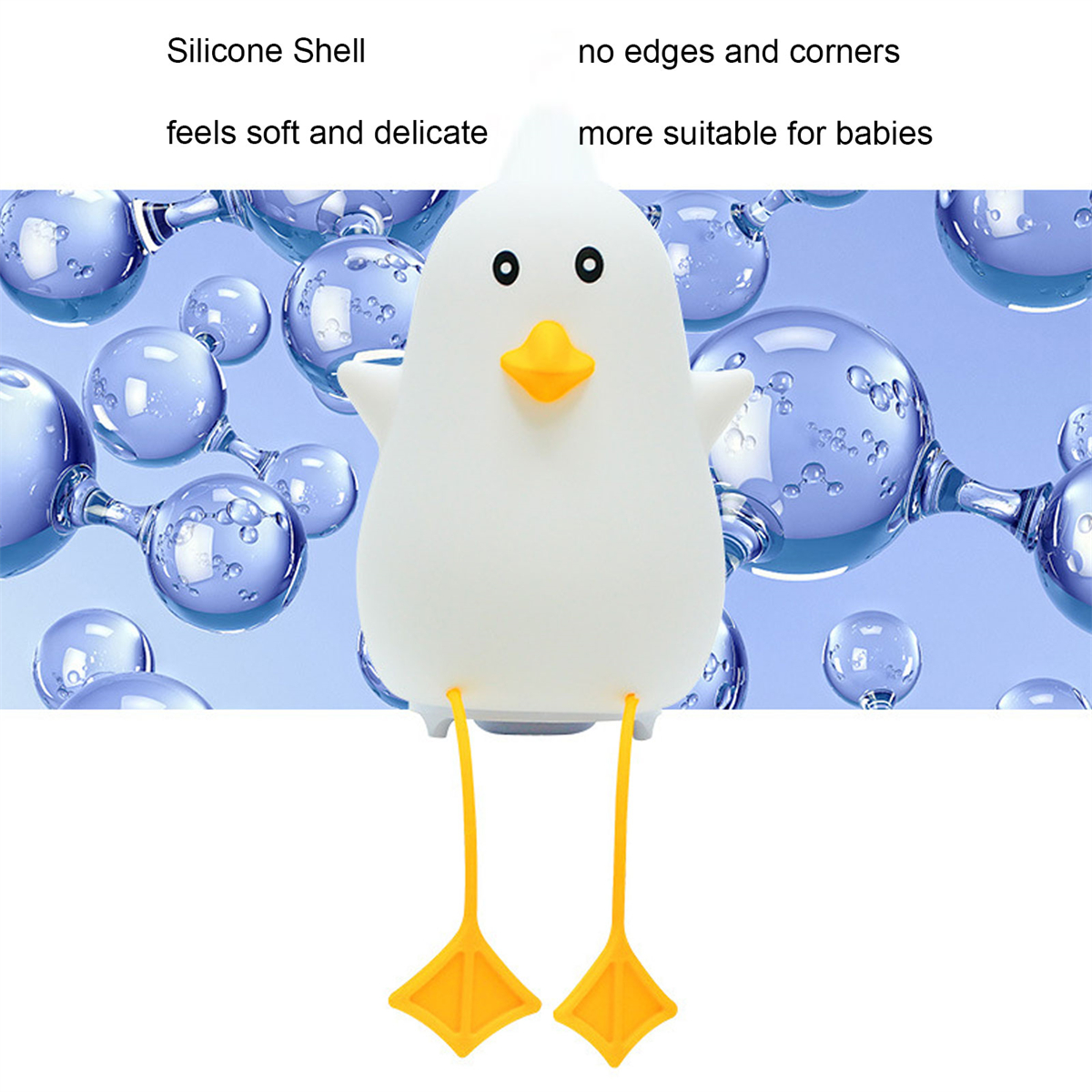 Weißes Enten-Nachtlicht mit gelben Füßen. Blauer Hintergrund.