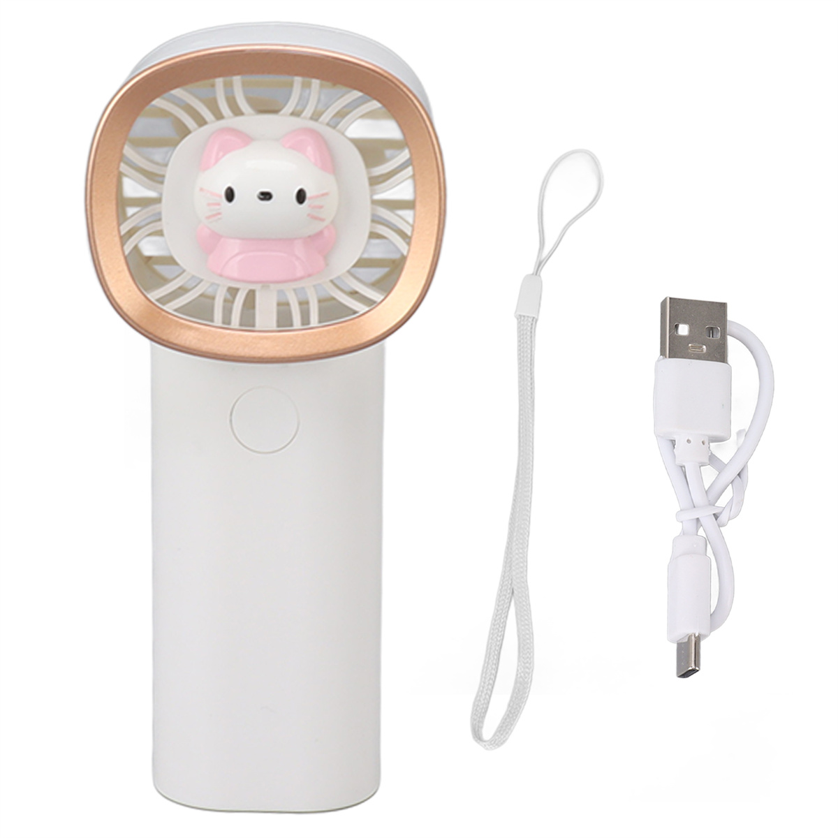 Weißer und goldener Ventilator mit einer Hello Kitty-Figur im Inneren. Ein weißes Schlüsselband und USB-Kabel.