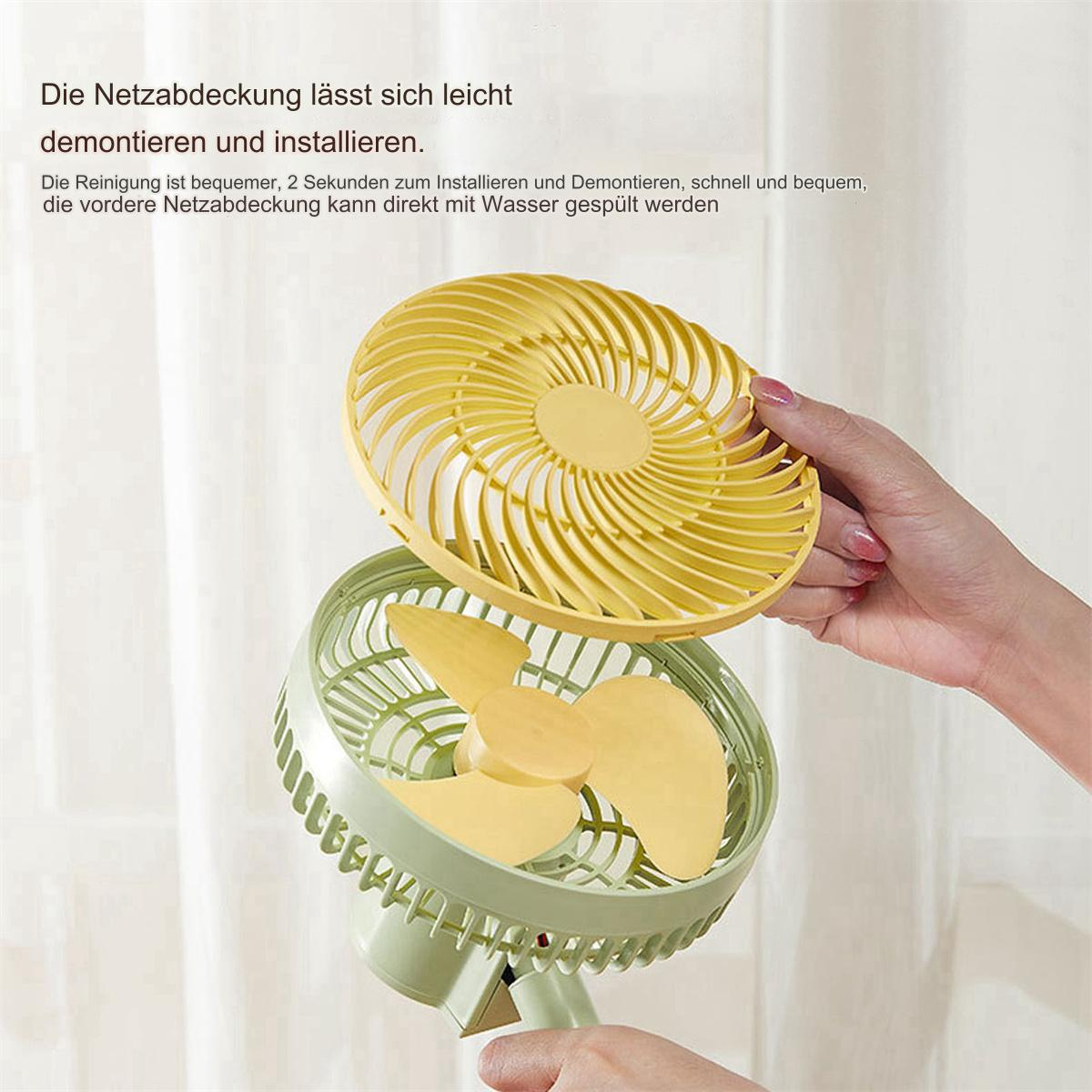 Gelber Ventilator mit abnehmbarer Abdeckung, grüner Sockel, gehalten von einer Hand. Hintergrund ist eine helle Wand.
