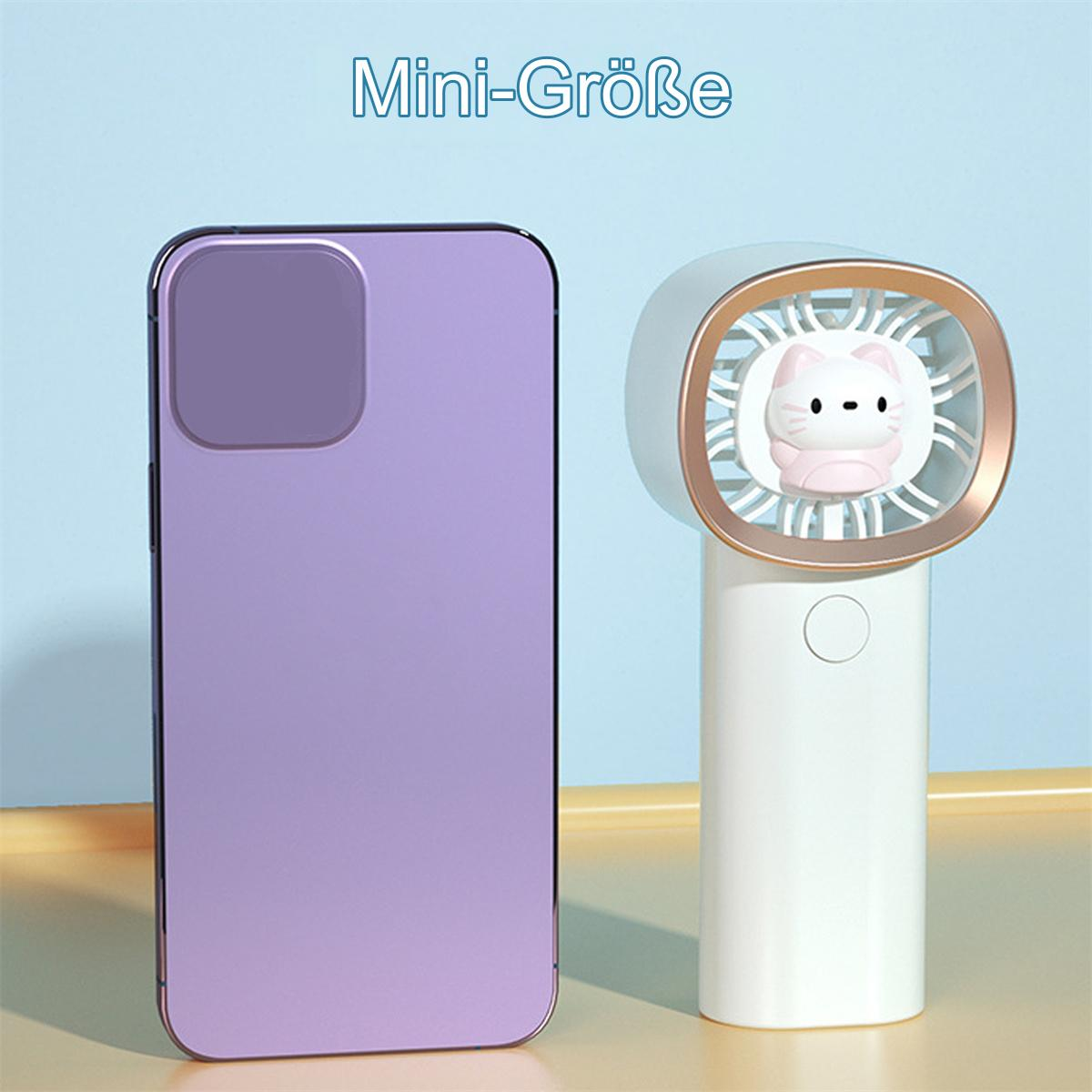 Eine lila Handyhülle neben einem weiß-rosa Ventilator mit Katzenmotiv.