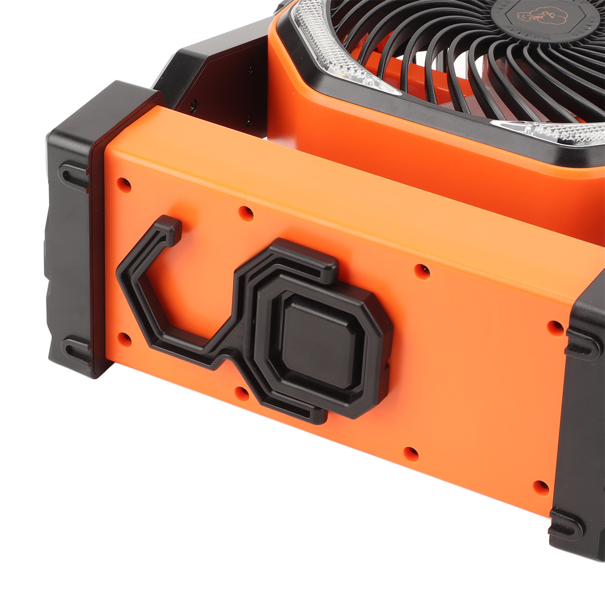Orange und schwarzes Lüftergerät mit schwarzem Griff und Knöpfen.