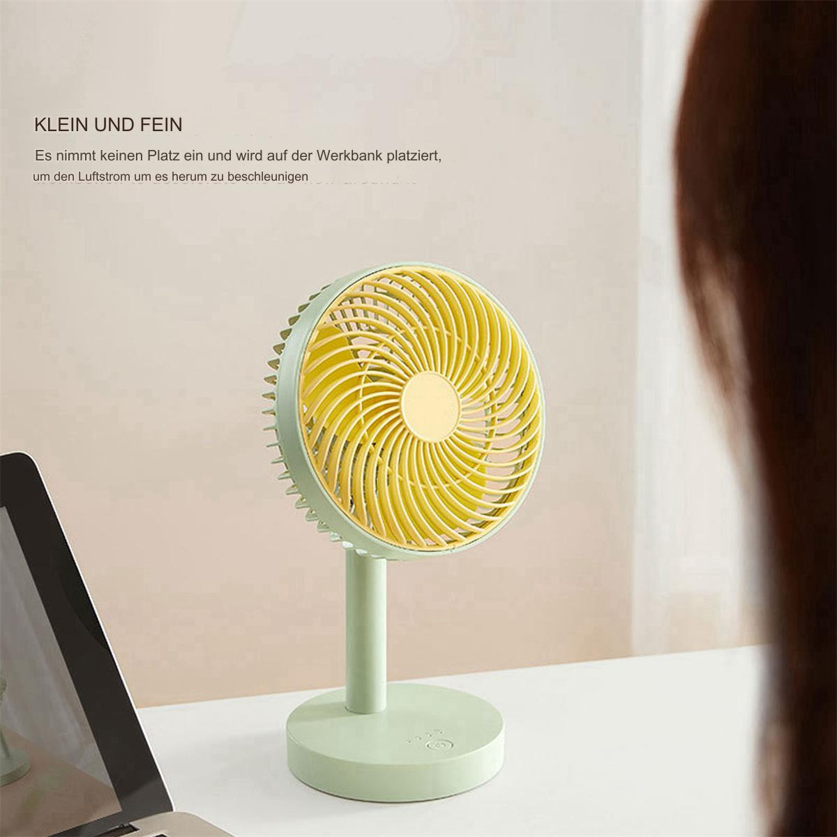 Kleiner grüner Ventilator mit gelben Blättern. Er steht auf einem Ständer. Text ist auf Deutsch. Heller Hintergrund.