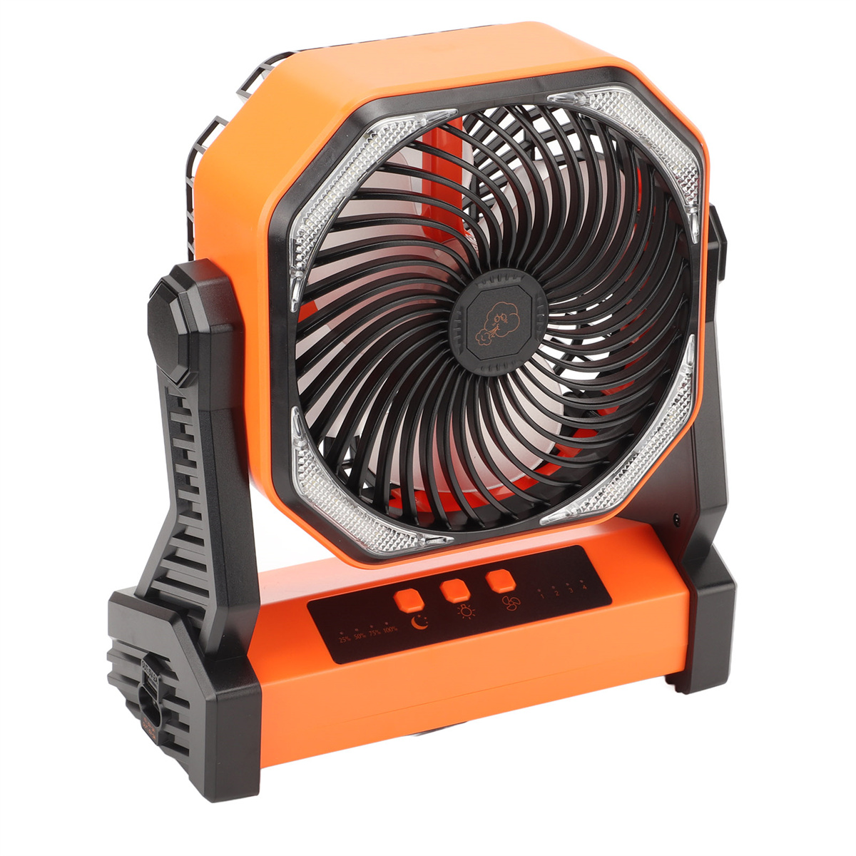 Ein orangefarbener und schwarzer tragbarer Ventilator mit Steuertasten.