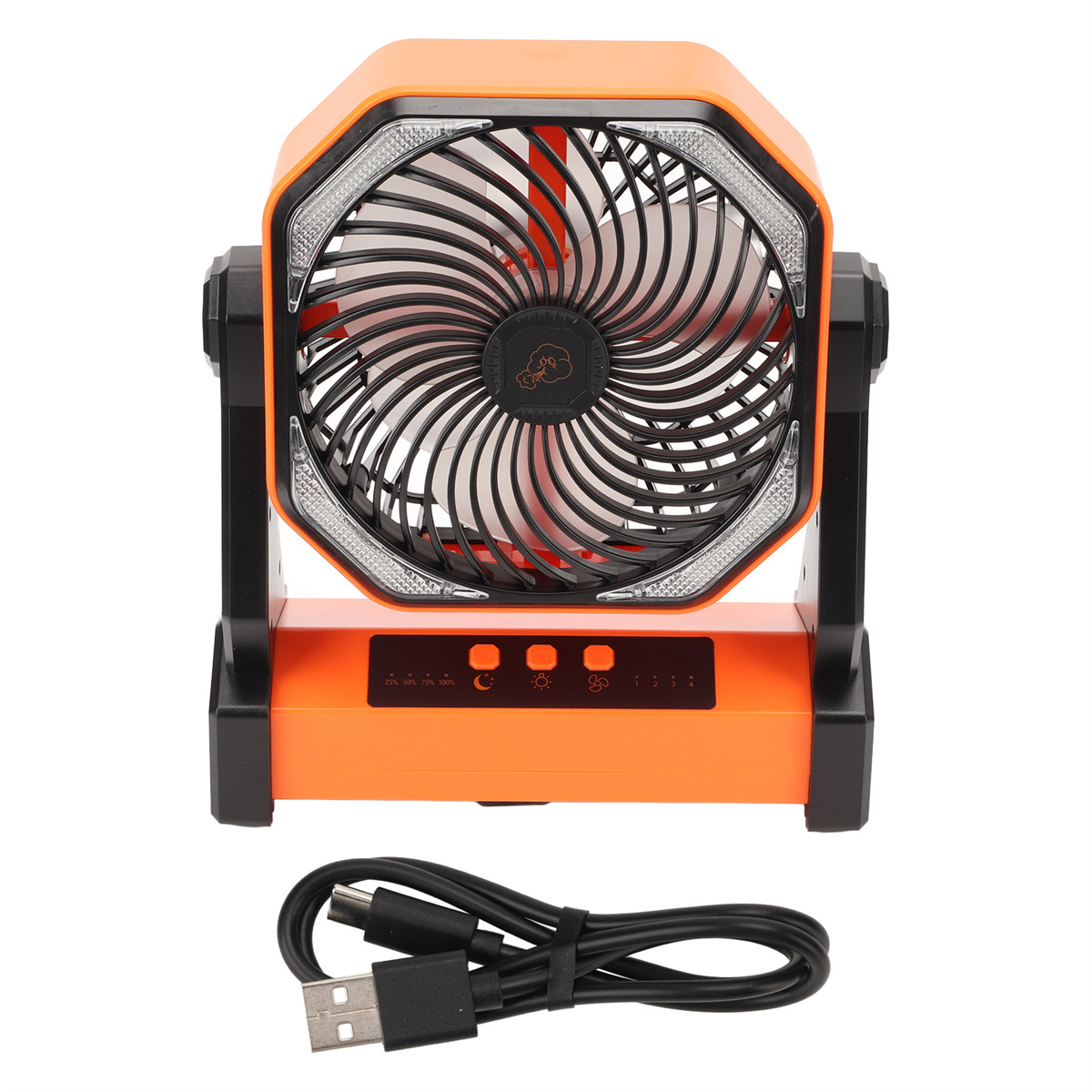 Ein orangefarbener Ventilator mit schwarzem Sockel und schwarzem Netzkabel.
