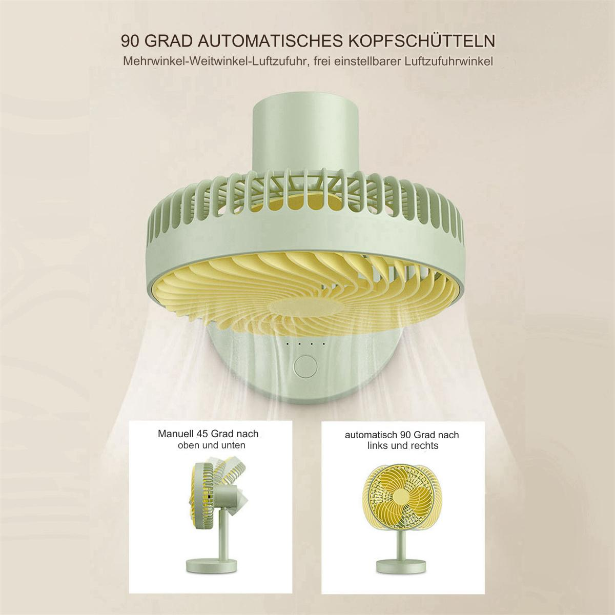 Ein grün-gelber Ventilator mit einzigartigem Design, platziert auf einer weißen Oberfläche mit Anleitungsbildern.