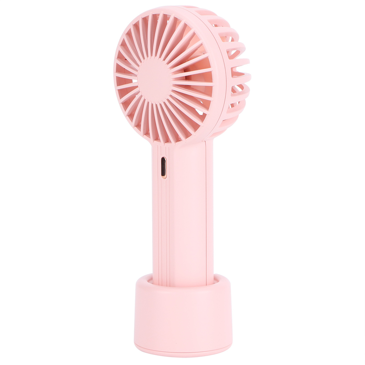Pinkfarbener Handventilator mit Ständer. Er hat einen runden Kopf und einen langen Griff.