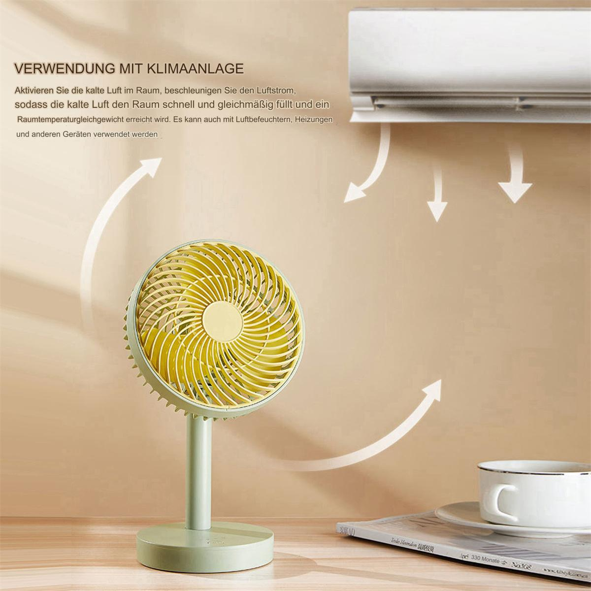 Gelb-grüner tragbarer Ventilator mit weißem Ständer. Er steht neben einer Tasse und einer Zeitschrift.