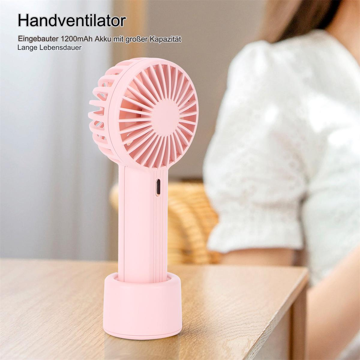 Ein rosa Handventilator in einem Ständer. Text auf dem Ventilator: "Handventilator" und Details.