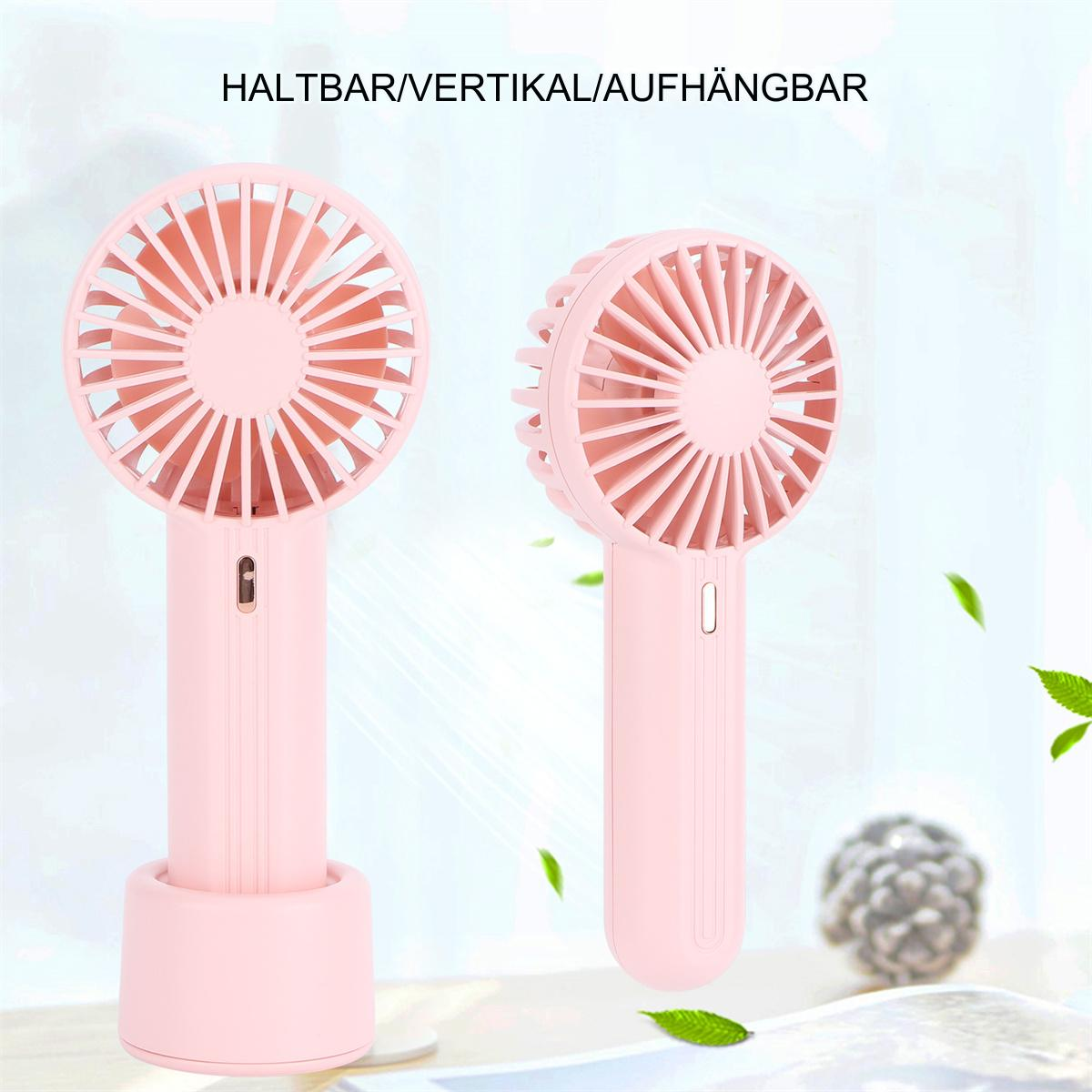 Zwei rosa Handventilatoren mit Ständern. Die Ventilatoren sind rosa mit weißen Flügeln. Der Text 'HALTBAR/VERTIKAL/AUFHÄNGBAR'.