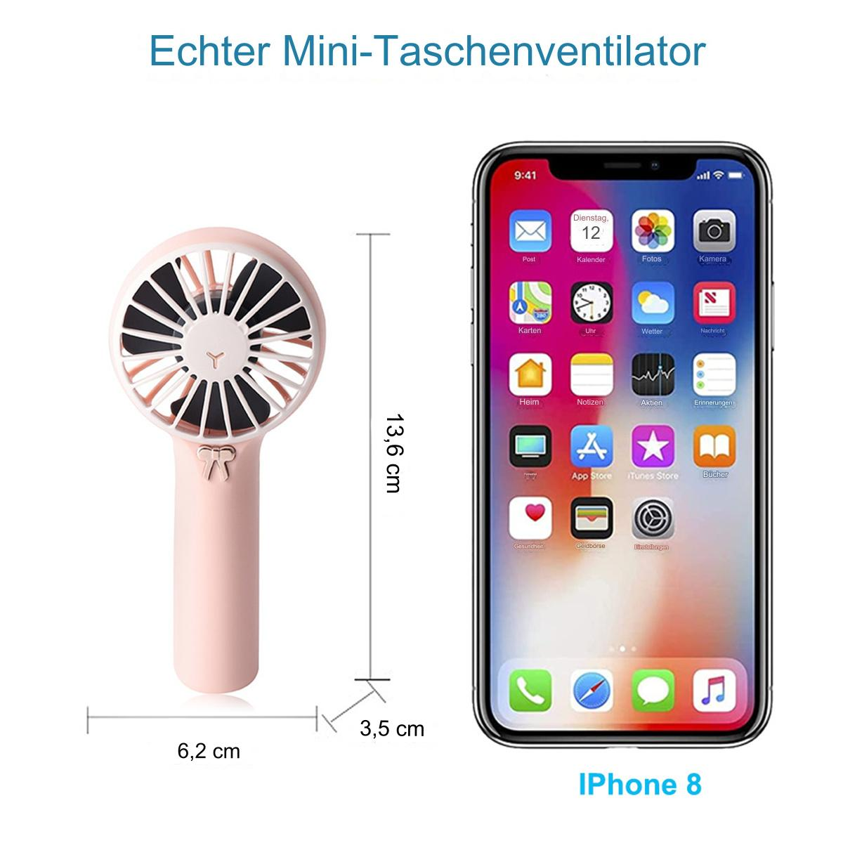 Ein rosa Mini-Ventilator mit weißem Flügelrad. Ein Telefon zeigt Zeit und App-Symbole. Abmessungen werden angegeben.