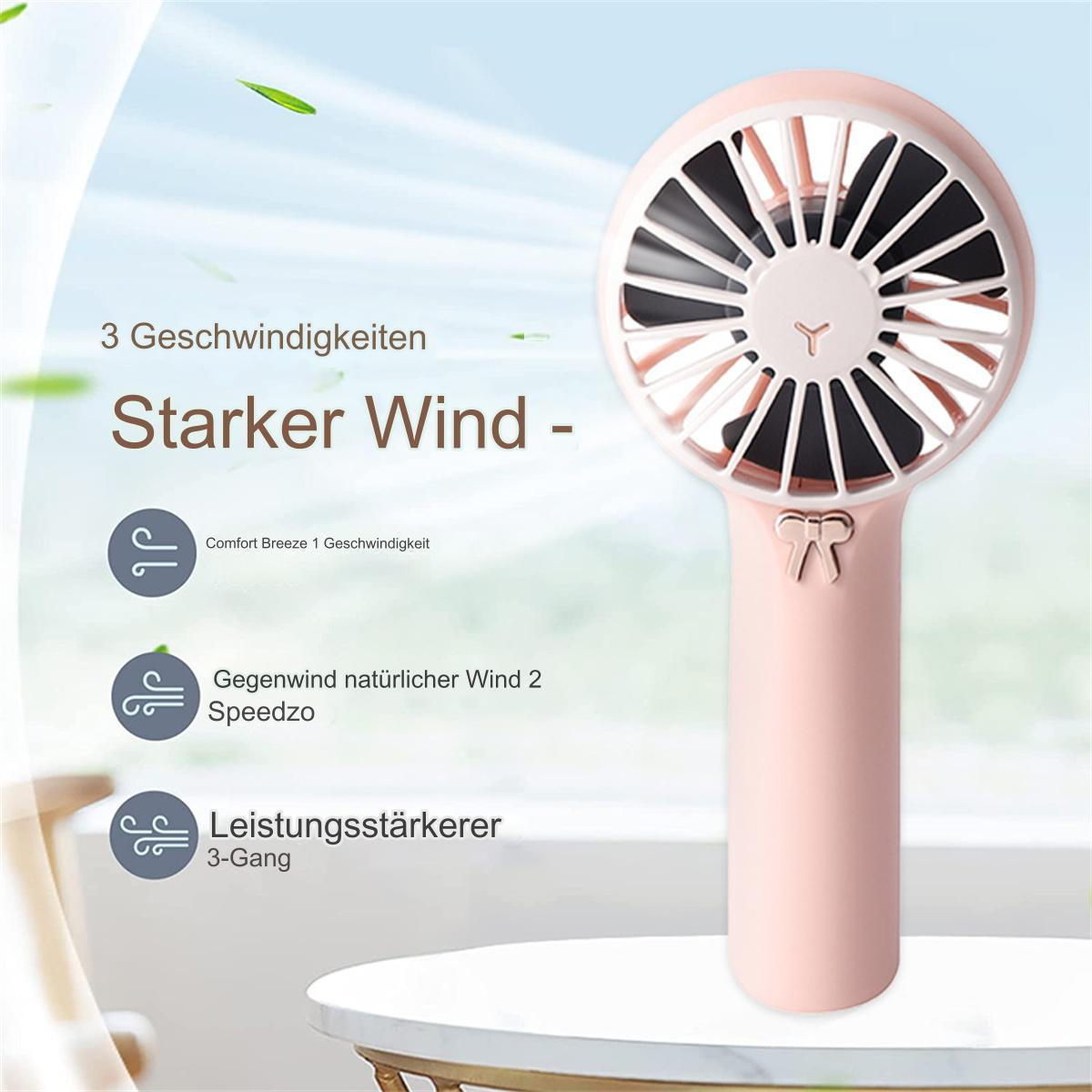 Rosa Handventilator. Texte: 3 Geschwindigkeiten, Starker Wind. Bilder: Wind-Icons.