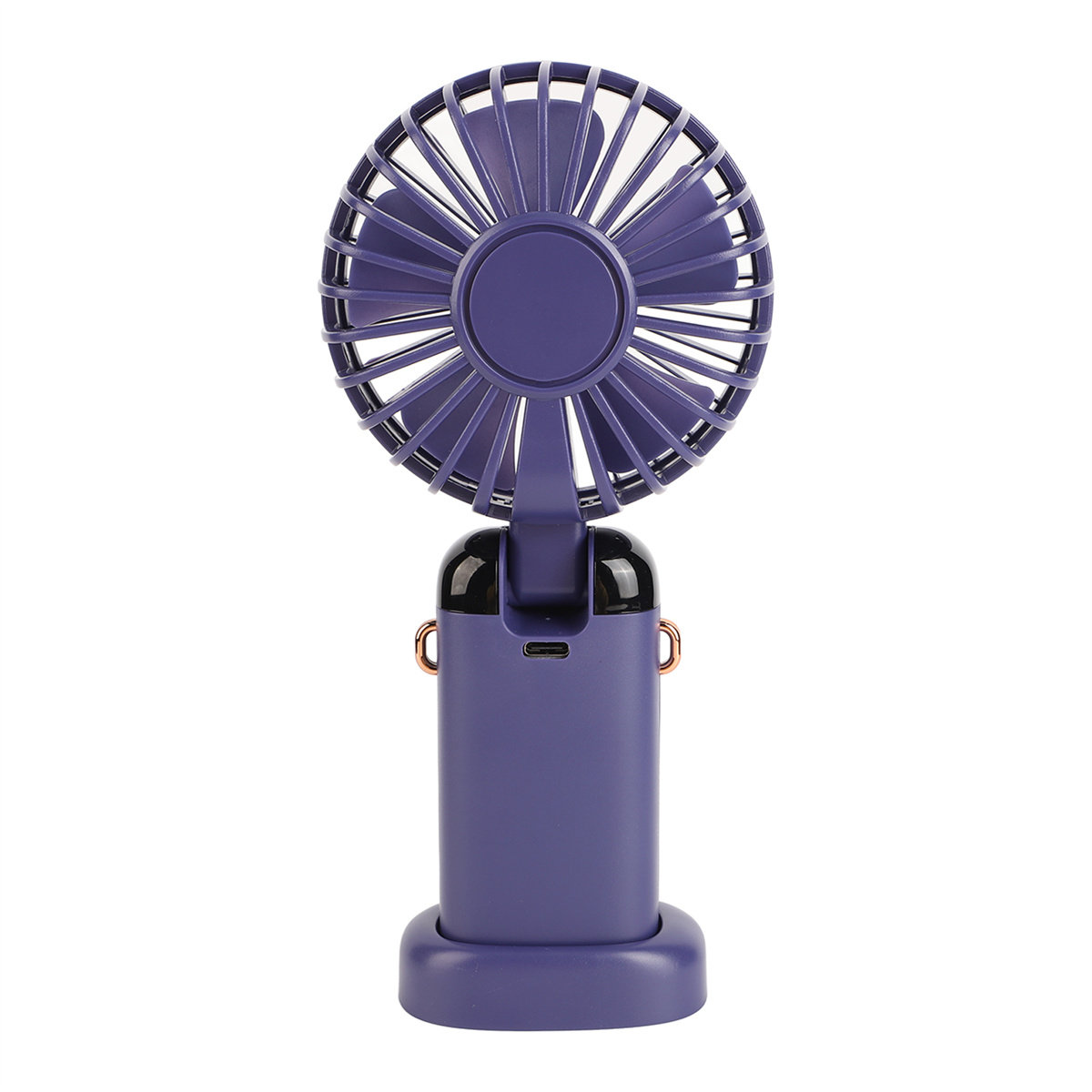 Ein violetter Handventilator. Er hat ein kreisförmiges Lüfterrad und einen schwarzen Griff mit goldenen Akzenten.
