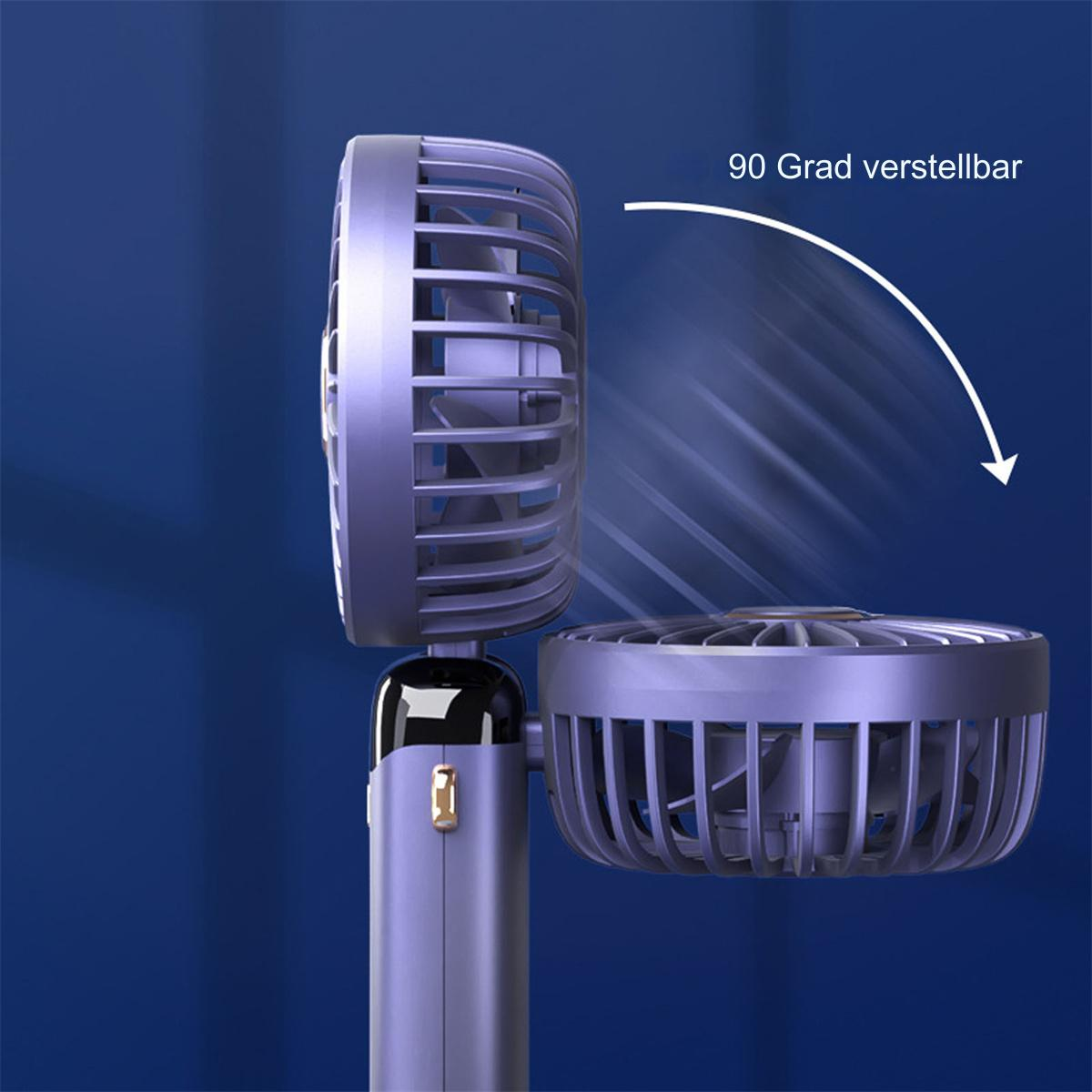 Ein violetter tragbarer Ventilator. Der Ventilator kann bis zu 90 Grad eingestellt werden.