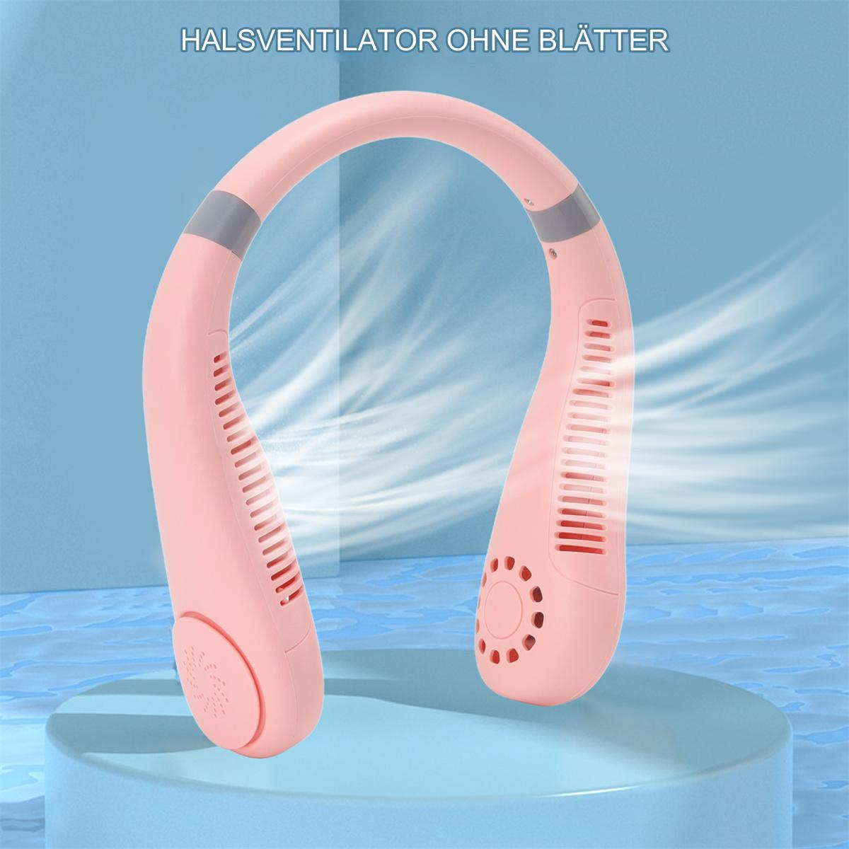 Ein pinkfarbener Nackenventilator mit geschwungenem Design. Es hat Belüftungsöffnungen und einen Lautsprecher an den Seiten.
