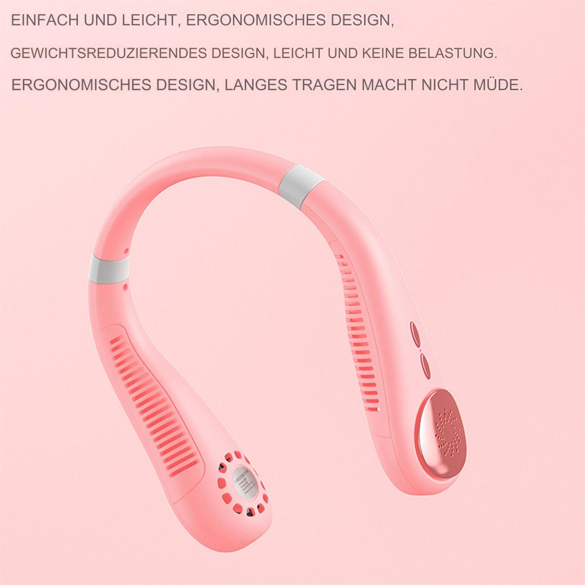 Rosa tragbarer Nackenventilator mit Knöpfen und Luftauslässen. Der Ventilator steht auf einer rosa Oberfläche.