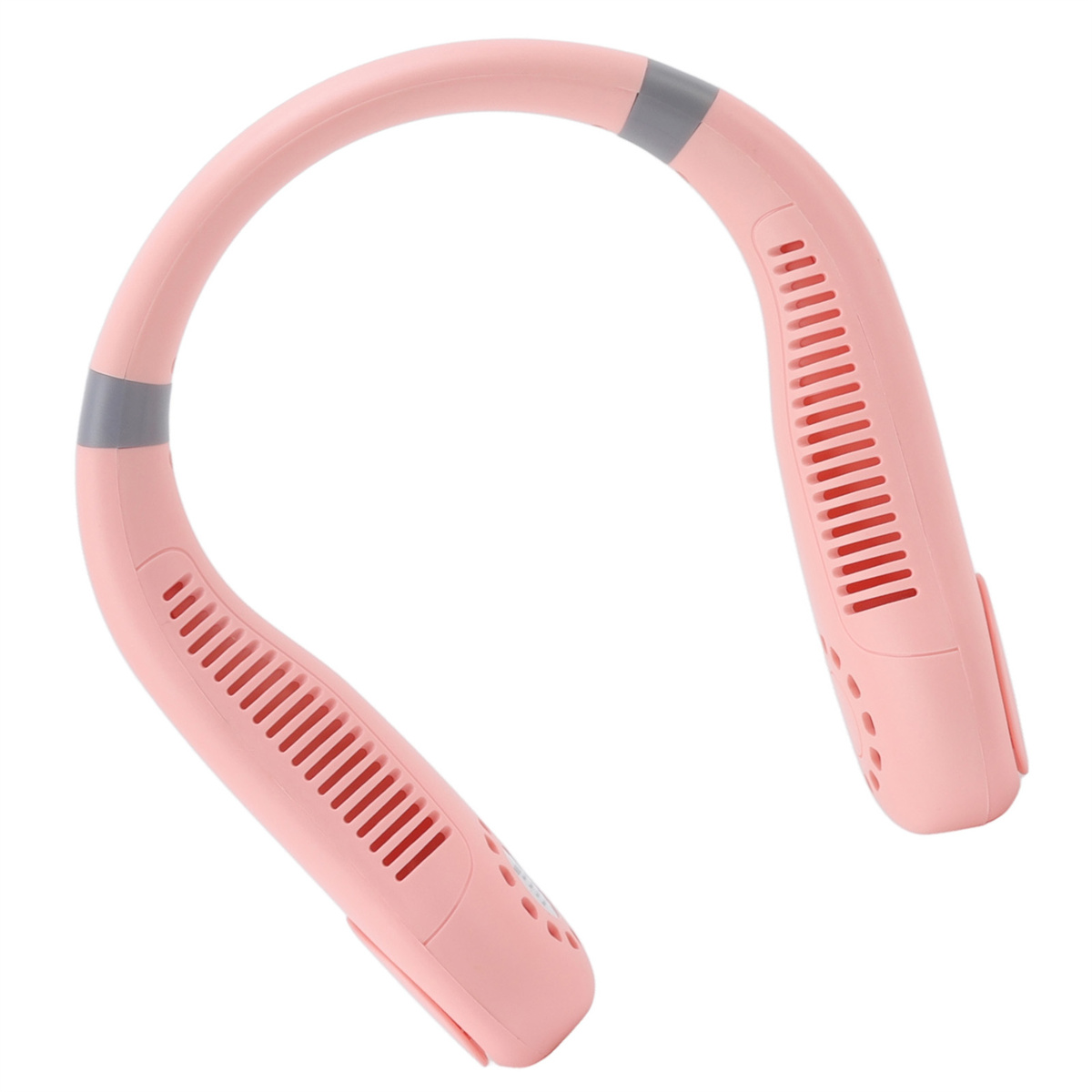 Ein rosa Nackenventilator. Der Ventilator hat ein gebogenes Design und wird von einer Person gehalten.