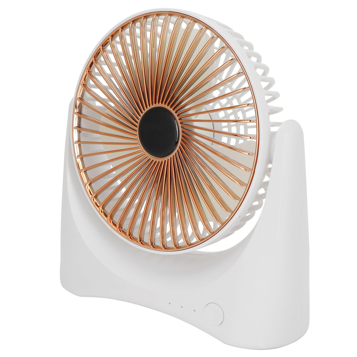 Weißer Schreibtischventilator mit kupferfarbenen Lüfterblättern und schwarzem Zentrum. Er hat einen weißen Sockel.