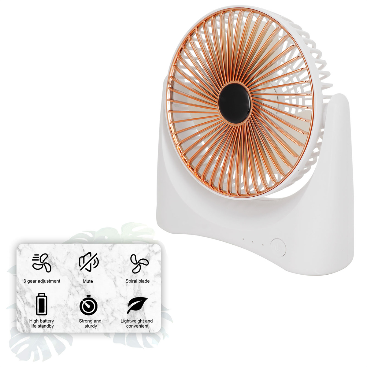 Weißer Ventilator mit kupferfarbenen Blättern. Informationssymbole links. Ein weißer Ständer und Hintergrund.
